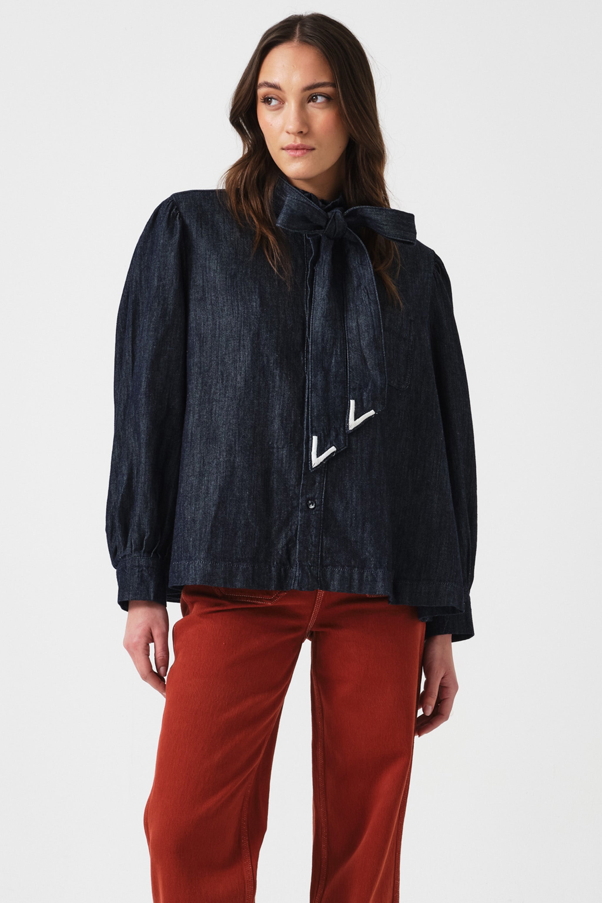 Poet Pussybow Denim Blouse in Pacific Blue