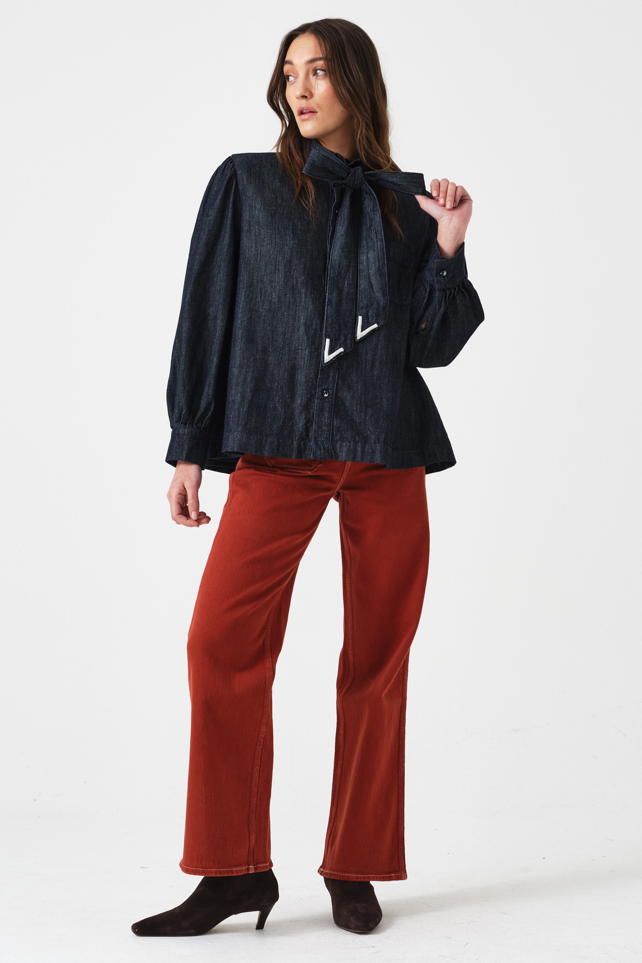 Poet Pussybow Denim Blouse in Pacific Blue