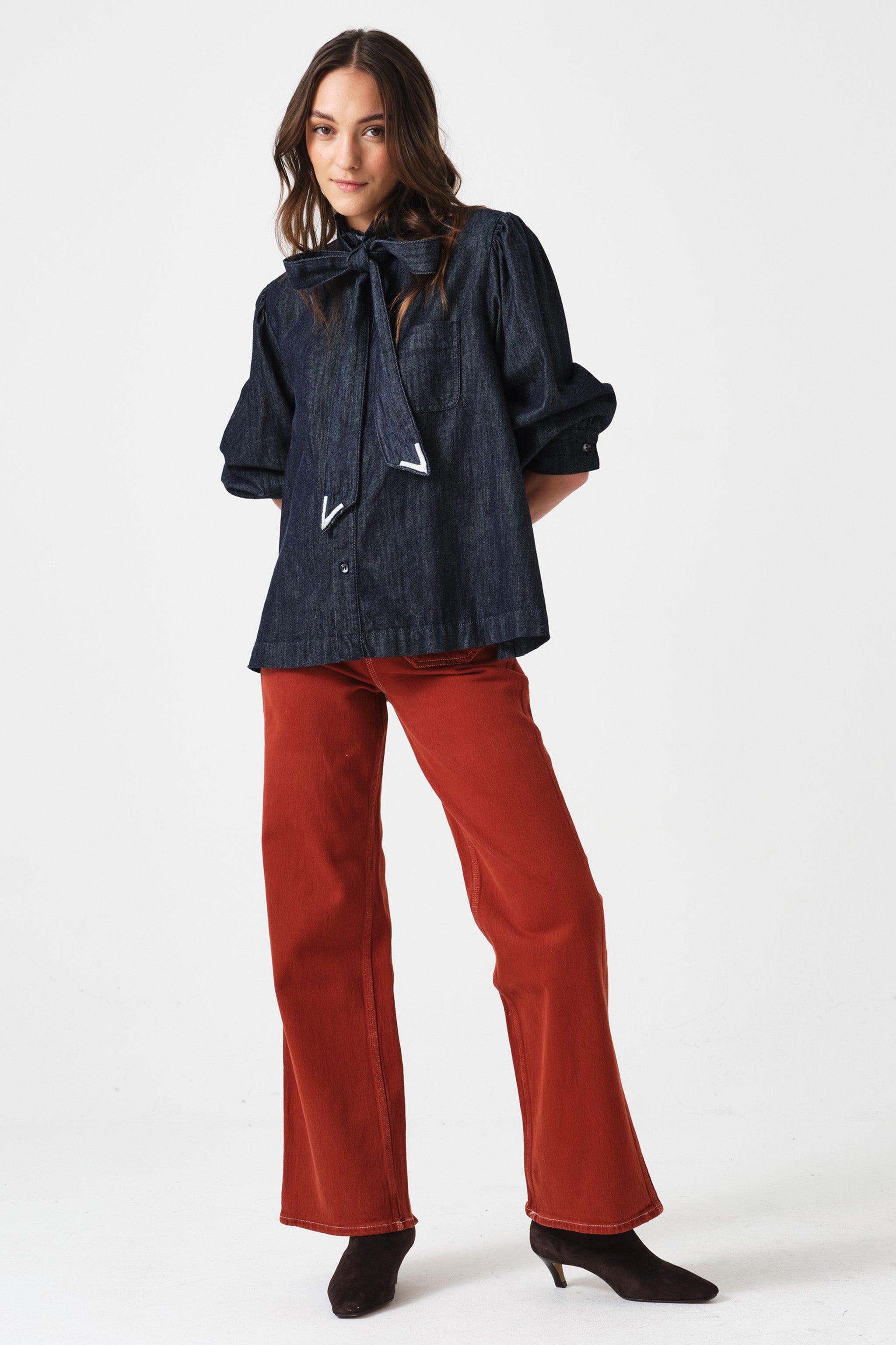 Poet Pussybow Denim Blouse in Pacific Blue