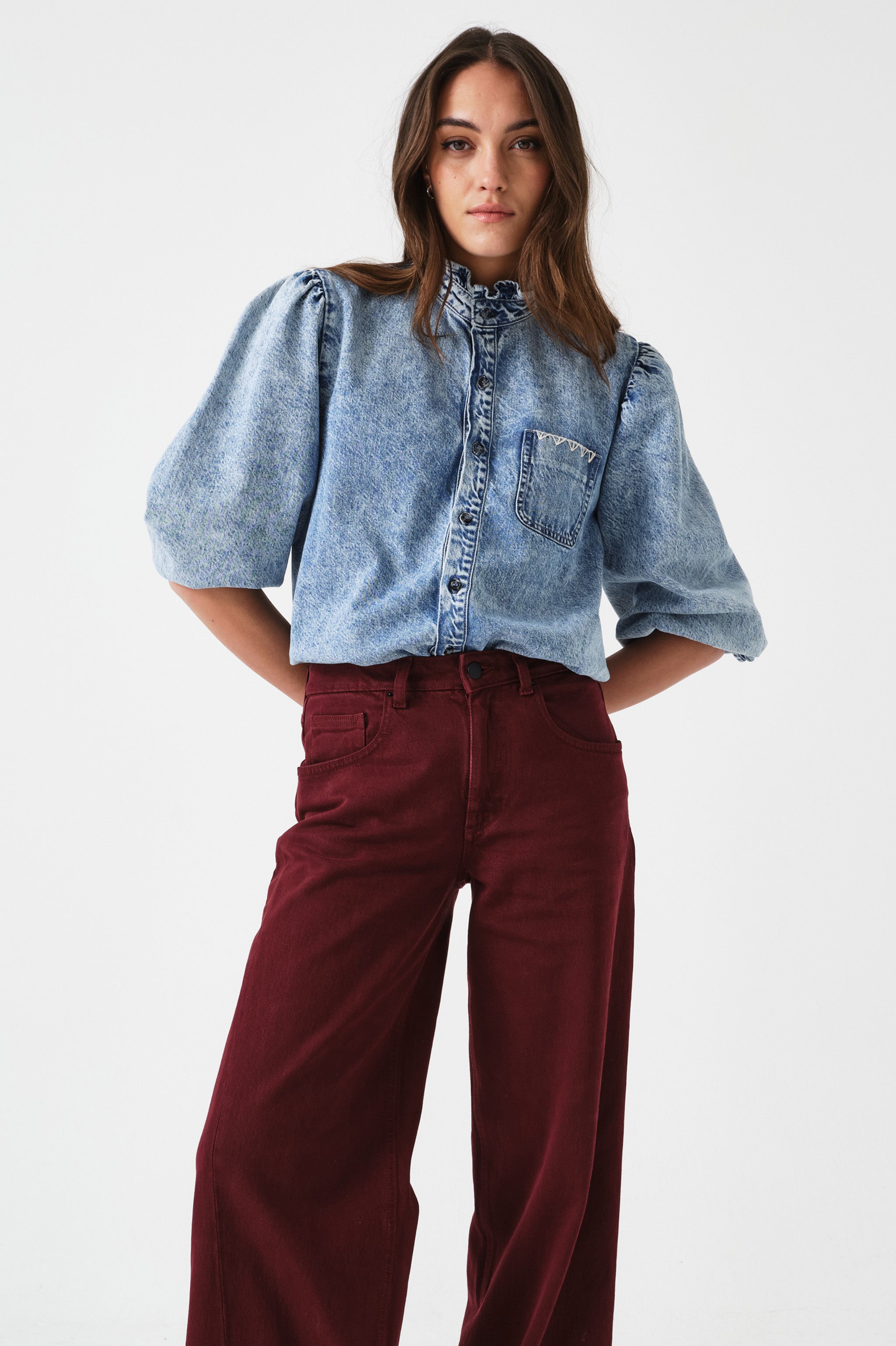 Poet Pussybow Denim Blouse in Newport