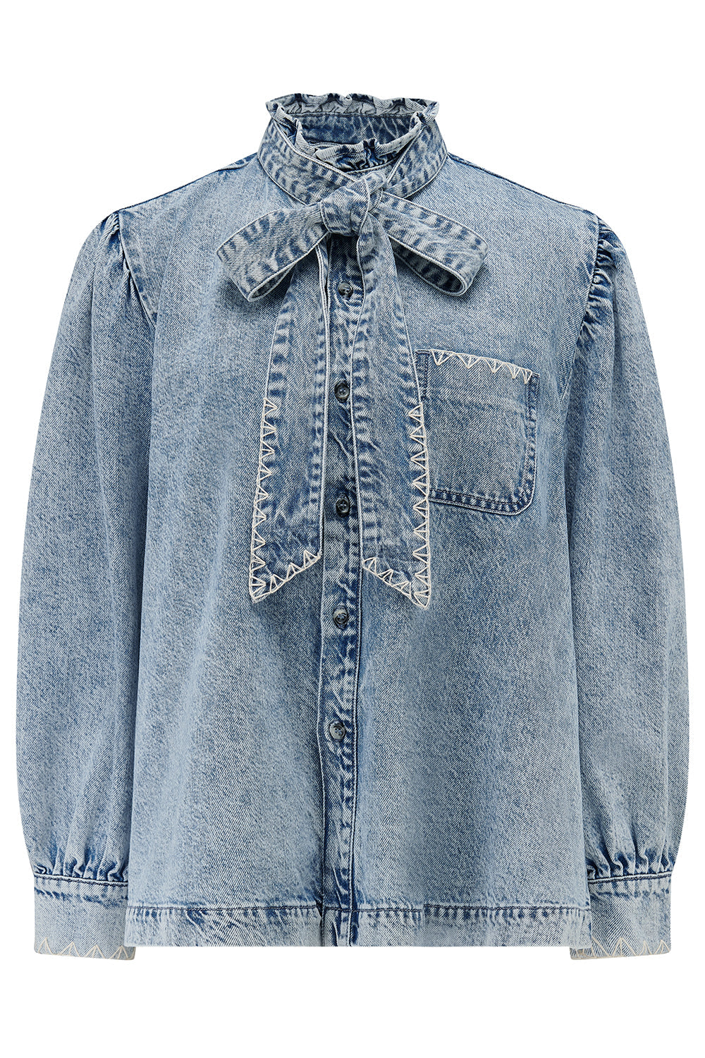Poet Pussybow Denim Blouse in Newport