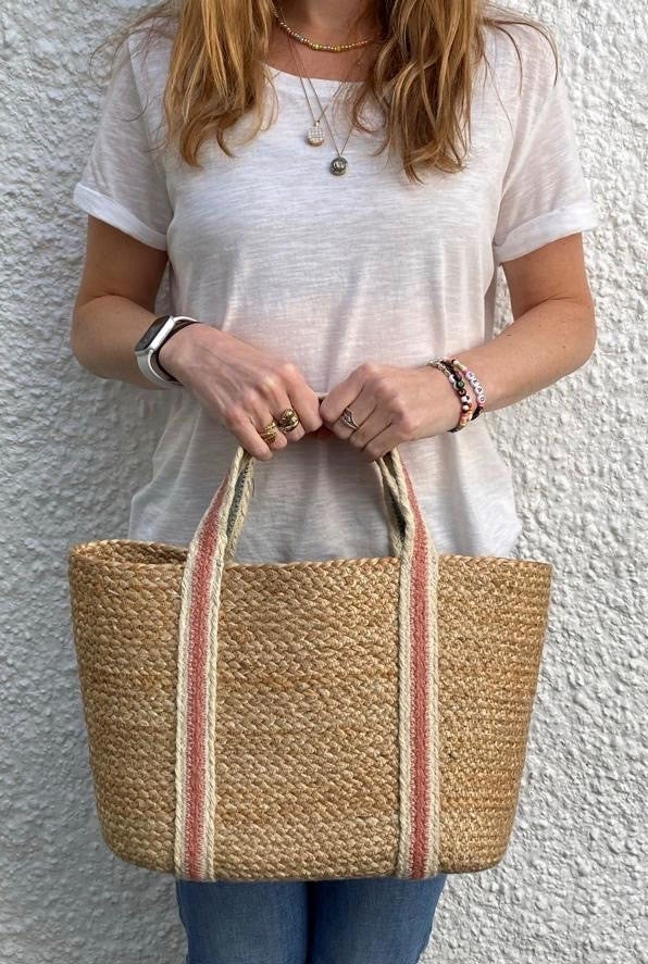 Summer Rose/Thistle Raw Jute Tote Short Handle Small