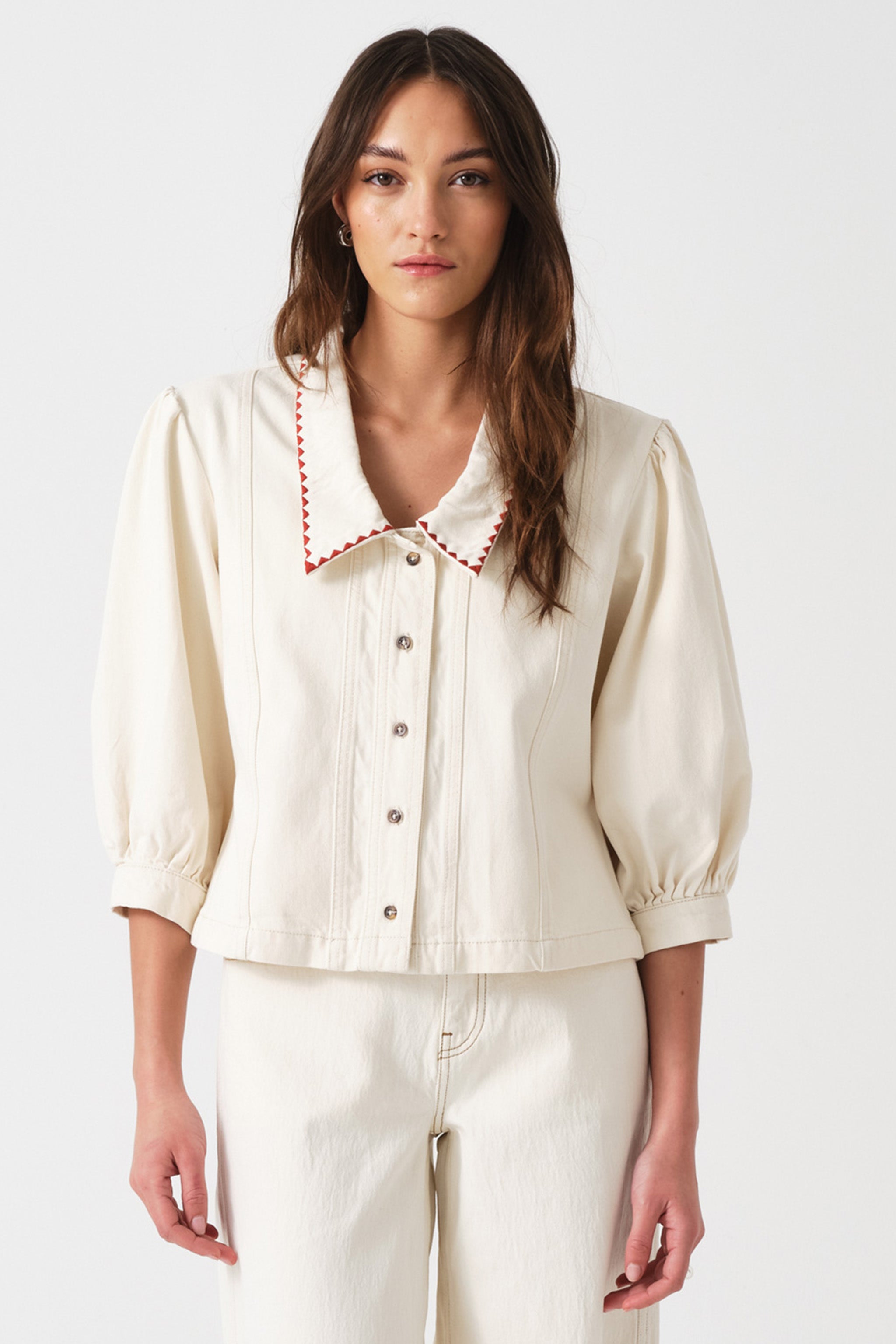 Talia Collared Denim Top in Ecru