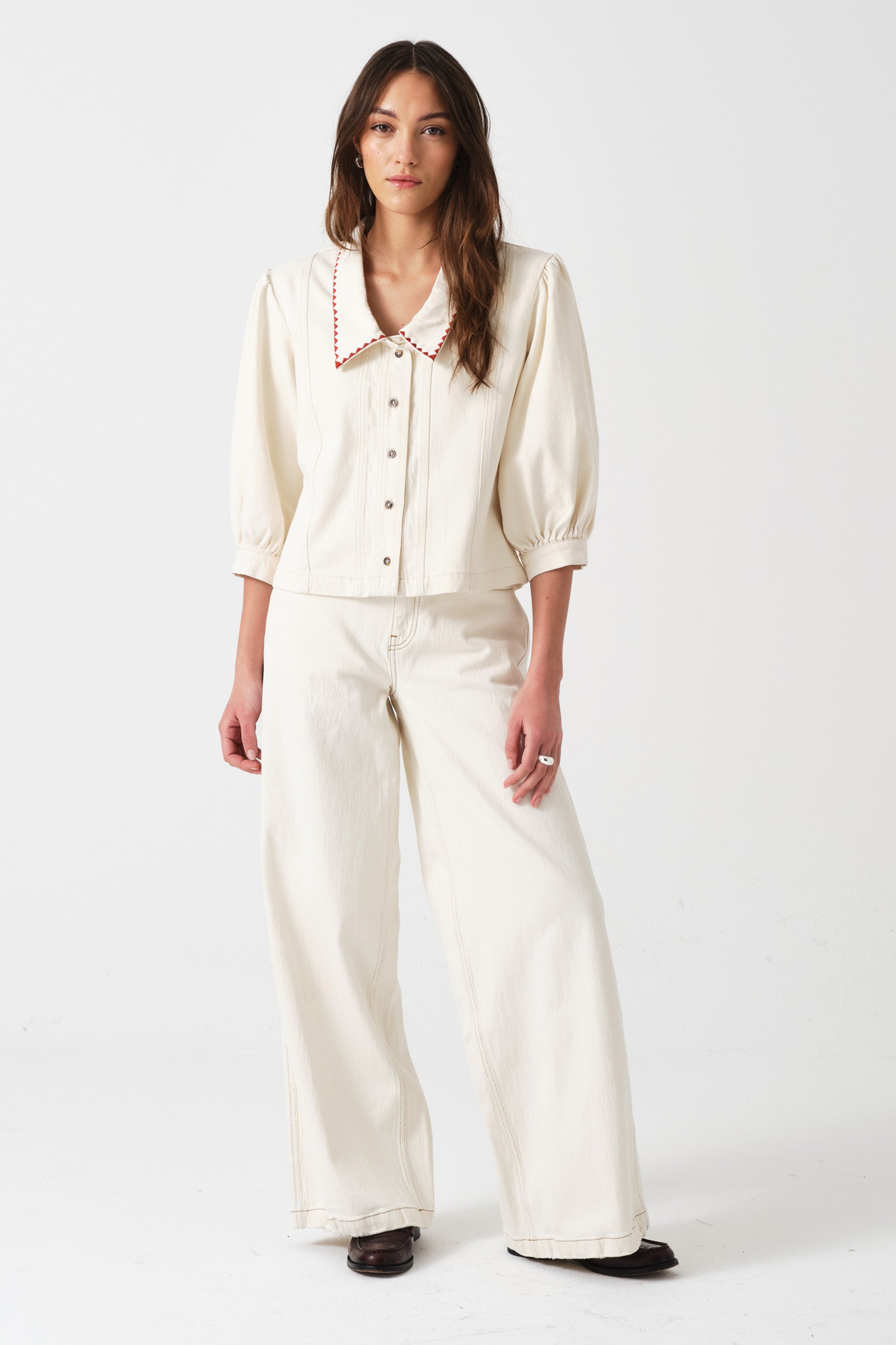Talia Collared Denim Top in Ecru
