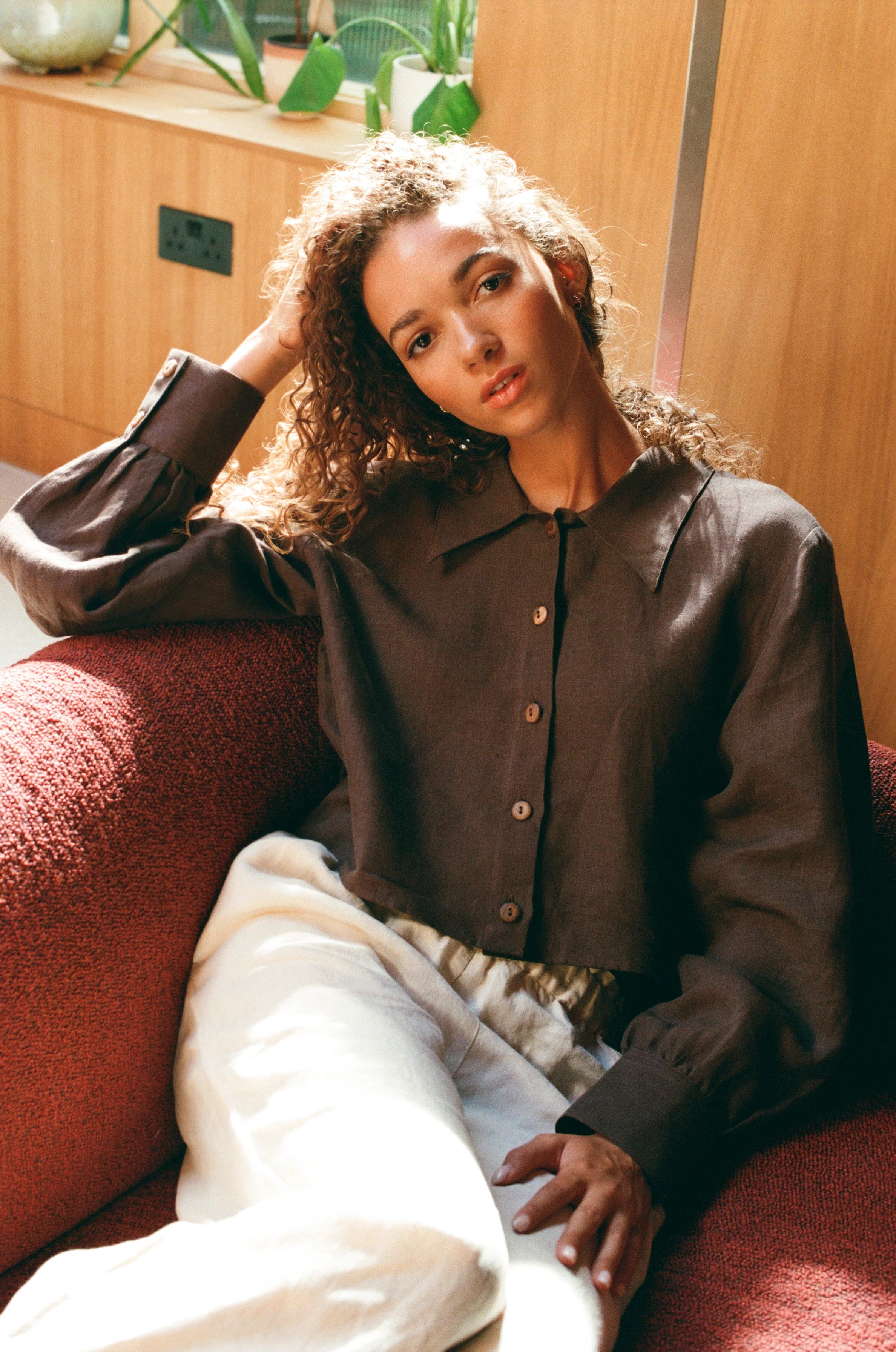 Freya Linen Cropped Blouse  - Chocolate