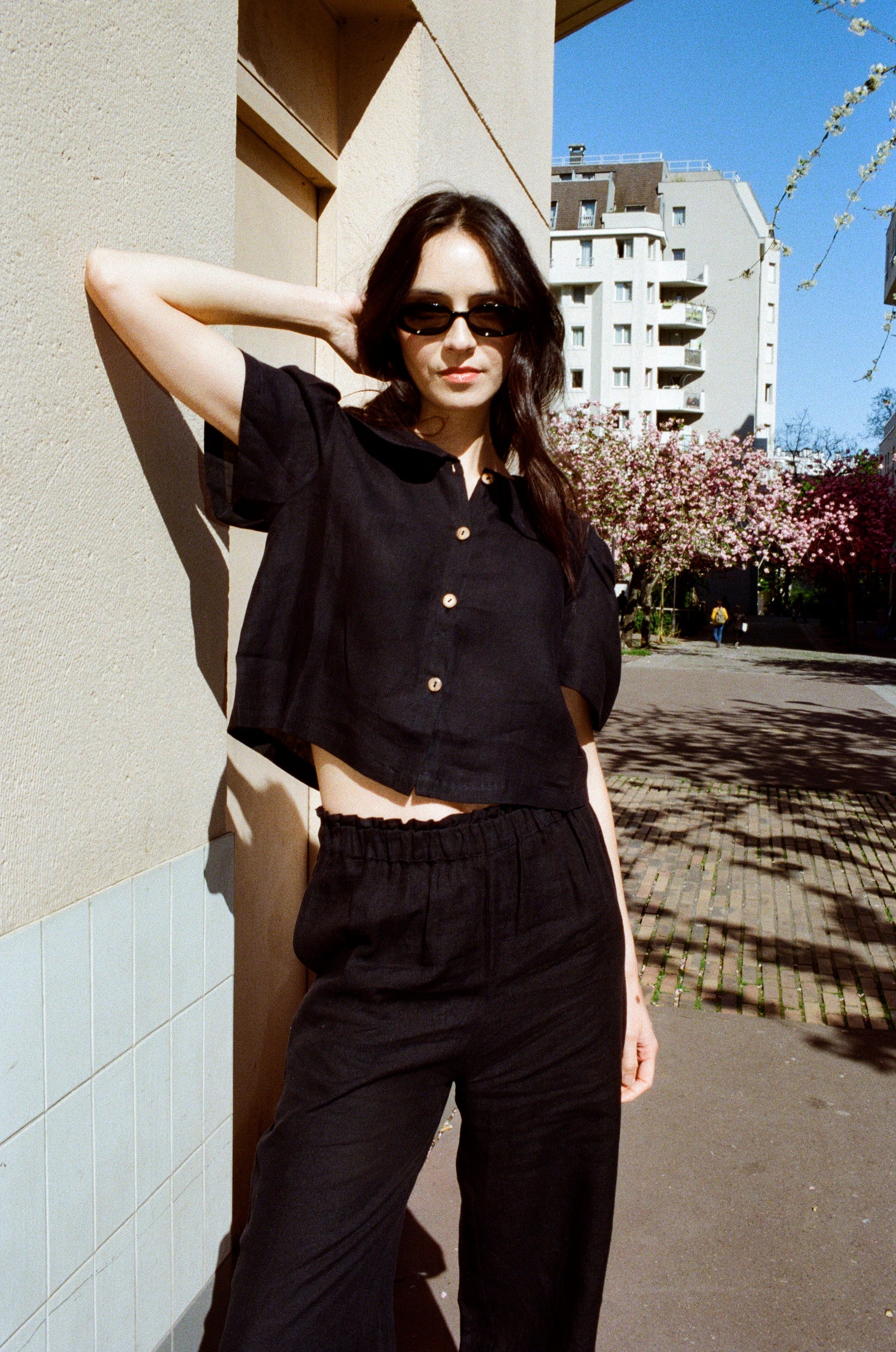 Frances Linen Cropped Blouse  - Black
