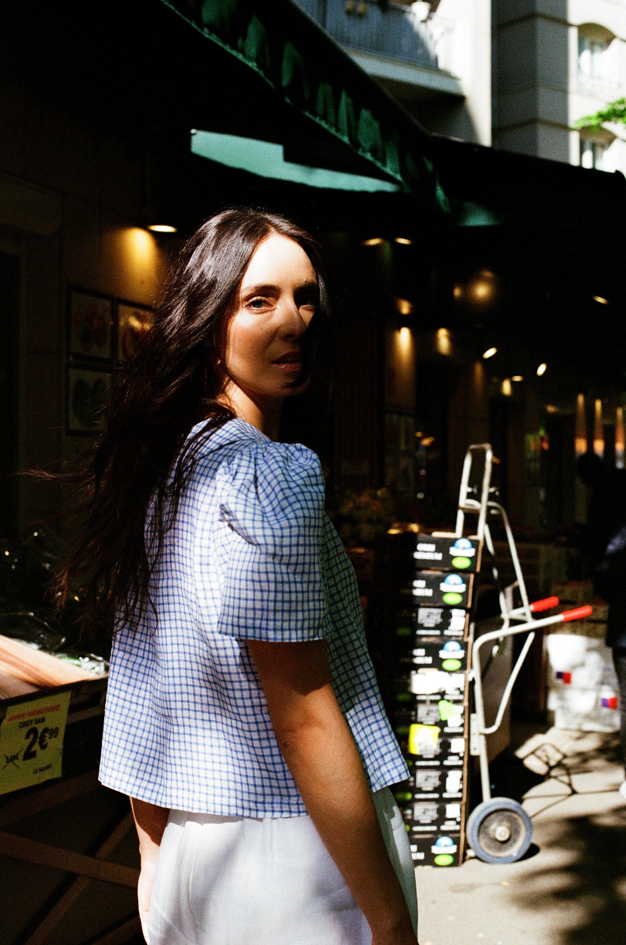 Frances Linen Cropped Blouse  - Royal Blue Gingham - On Pre-Order for End of September Delivery