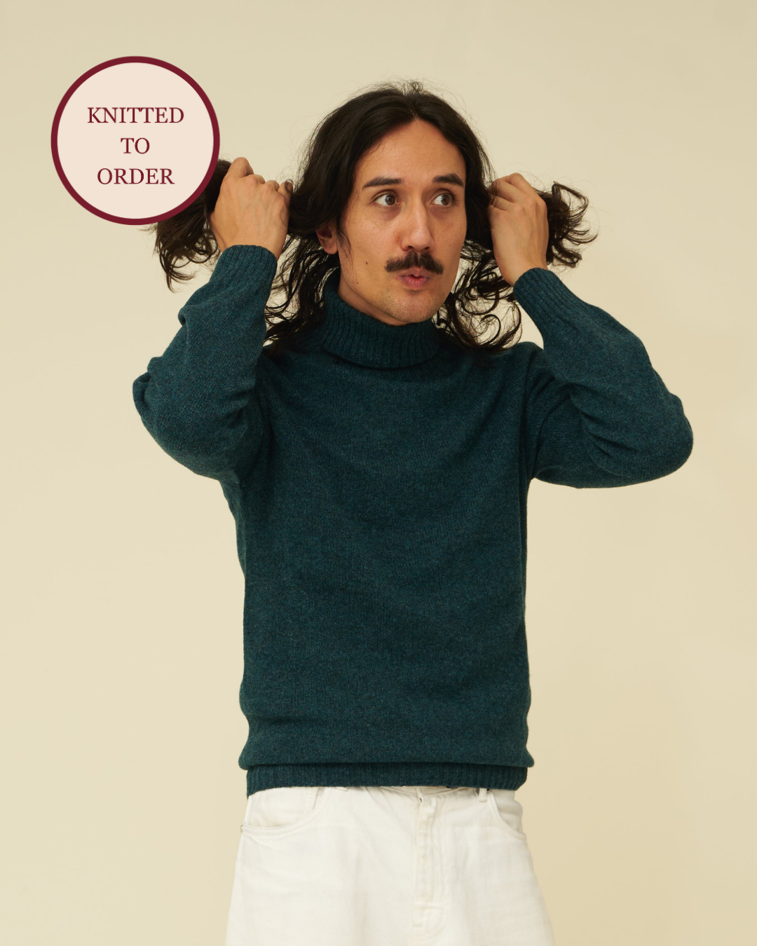 Merino Lambswool Roll Neck - Petrol Green (Knitted-to-Order)