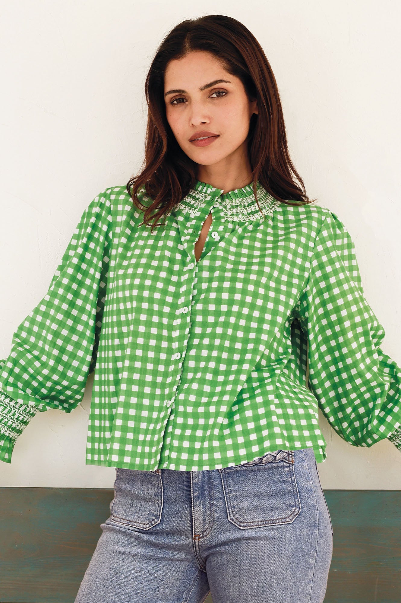 Embroidered Smocked Blouse | Check Green/White