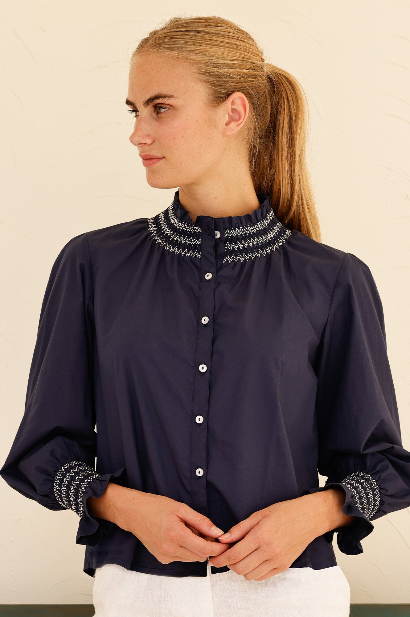 Embroidered Smocked Blouse | Navy/White