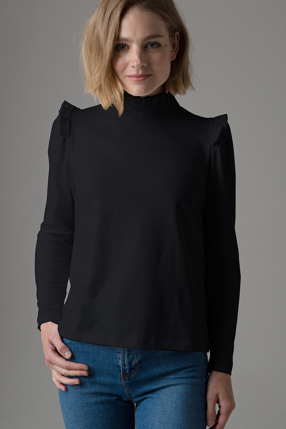SIENNA-PLEATED NECK LONG SLEEVE T-SHIRT