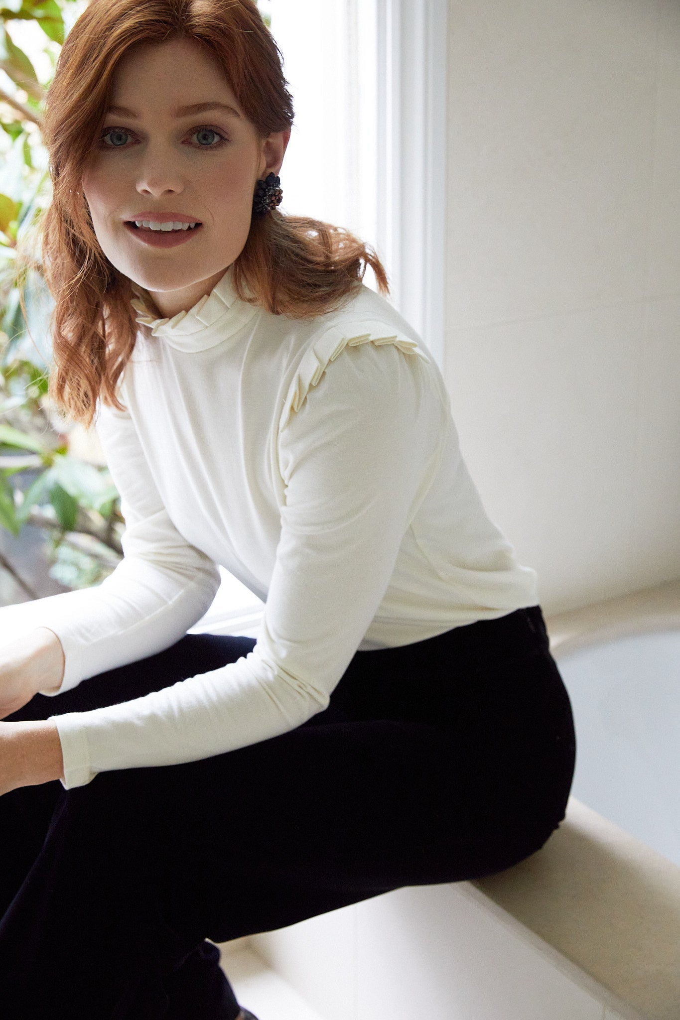 SIENNA-PLEATED NECK LONG SLEEVE T-SHIRT