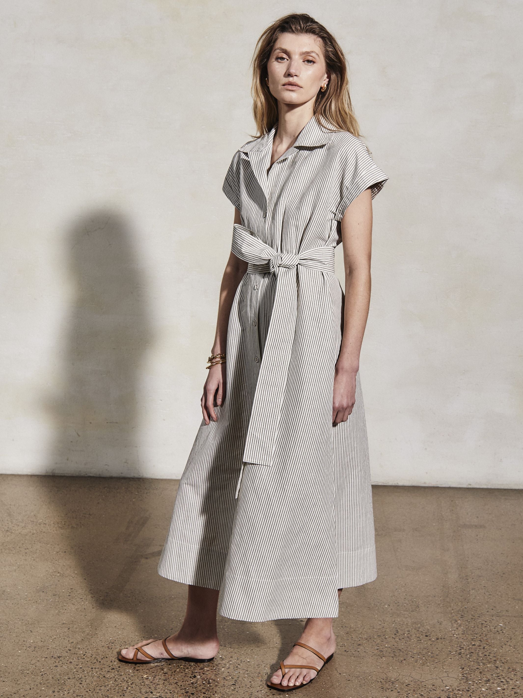 LUCY - White & Moss Linen Weave Dress