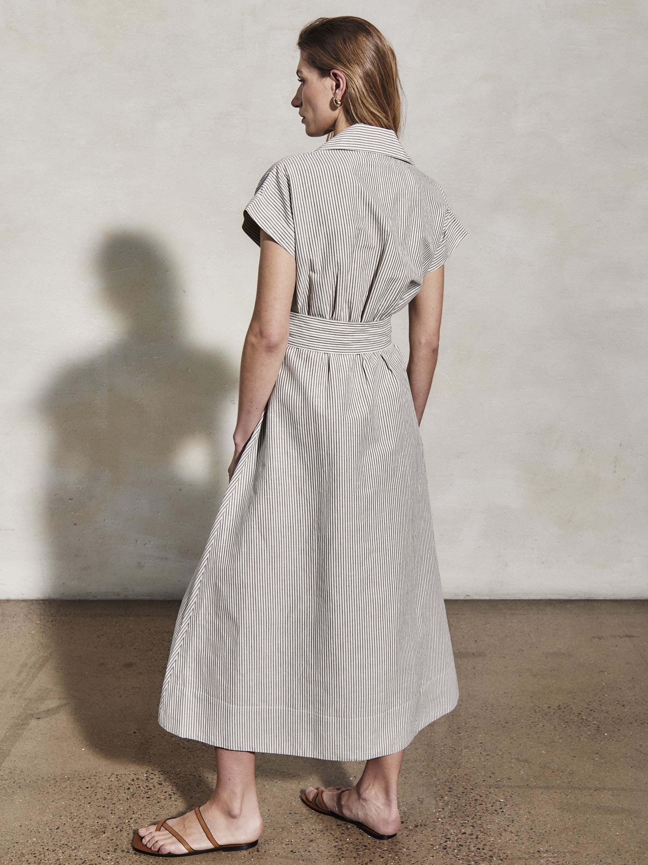 LUCY - White & Moss Linen Weave Dress