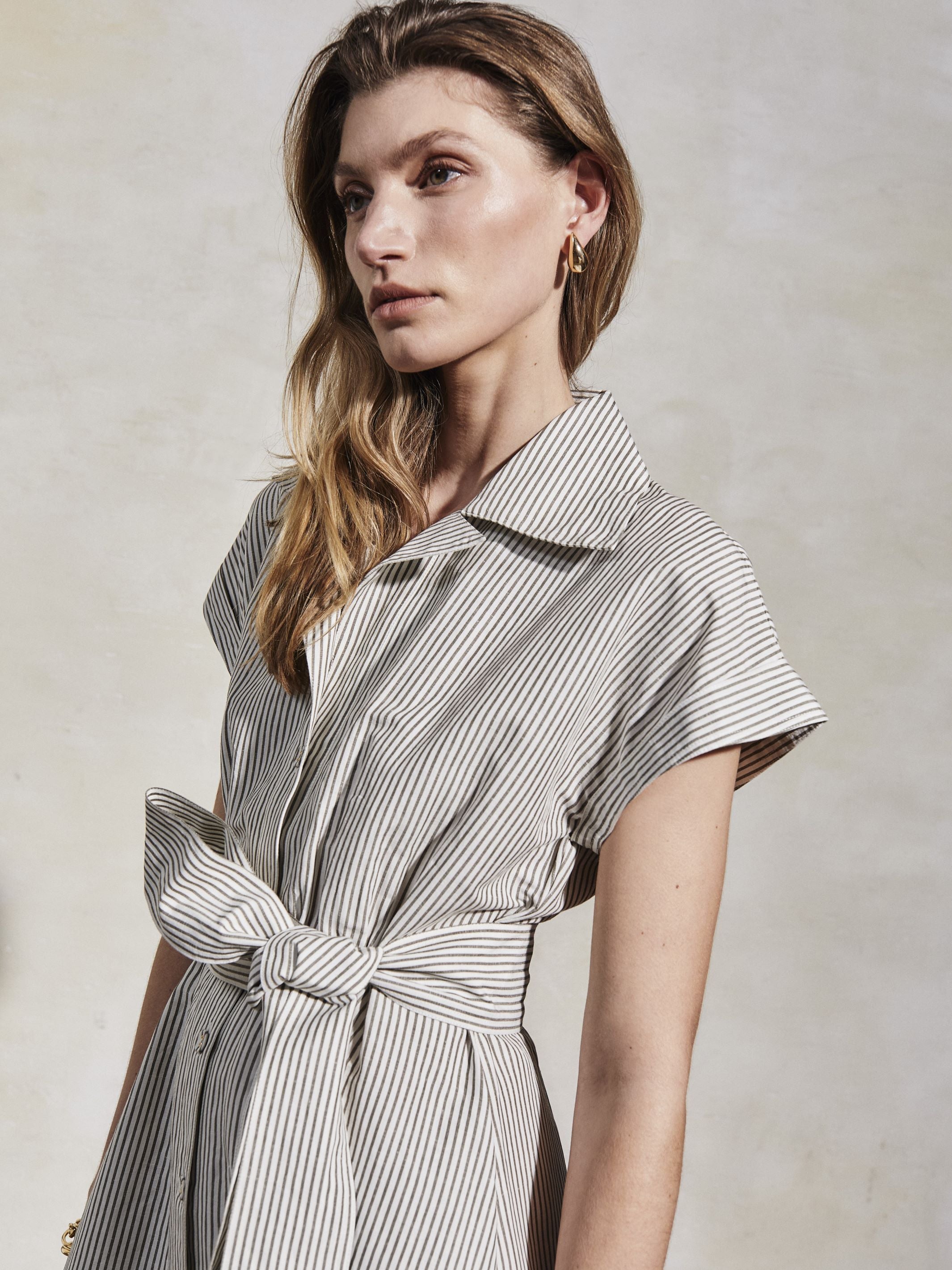 LUCY - White & Moss Linen Weave Dress
