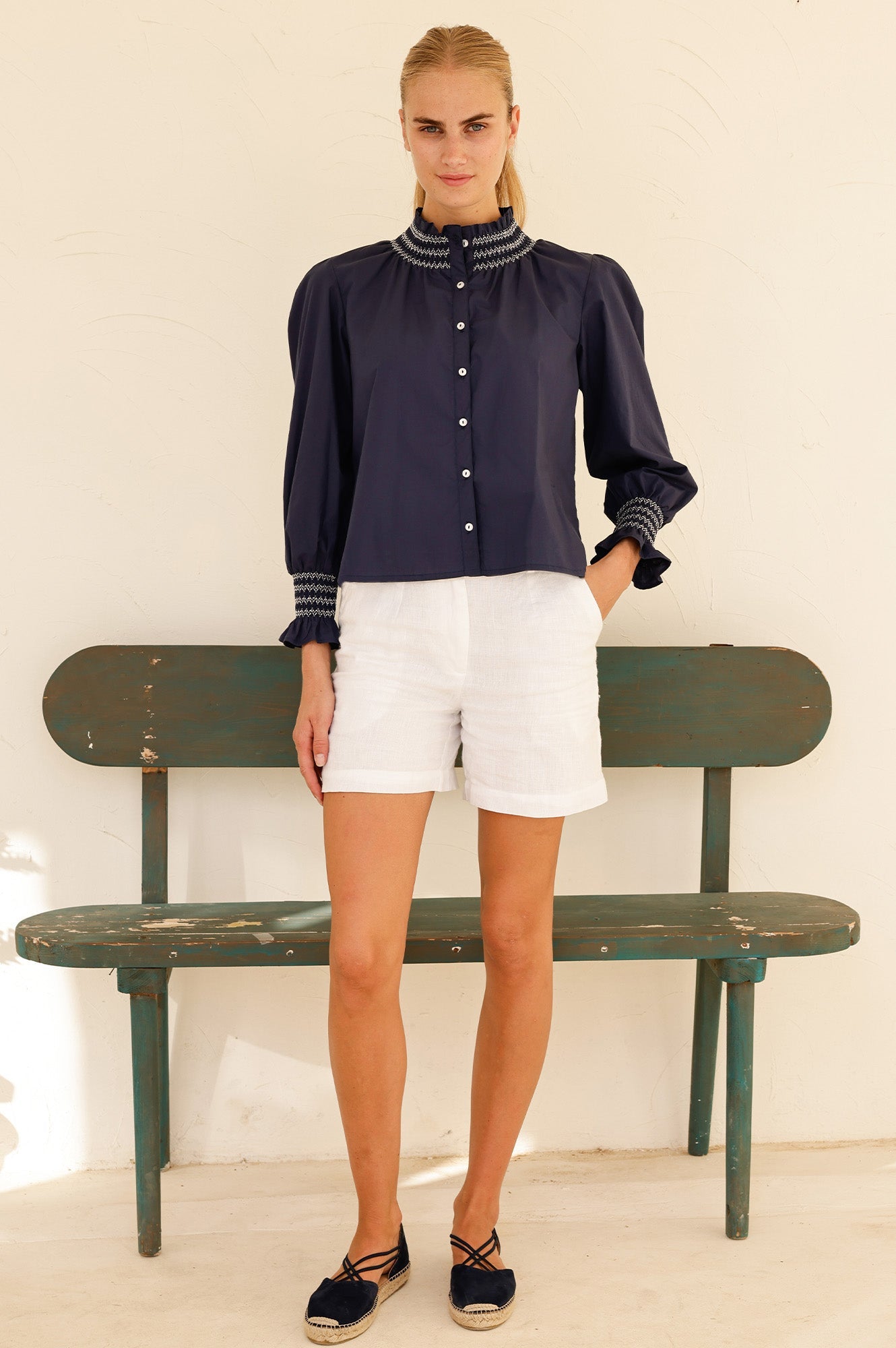 Embroidered Smocked Blouse | Navy/White
