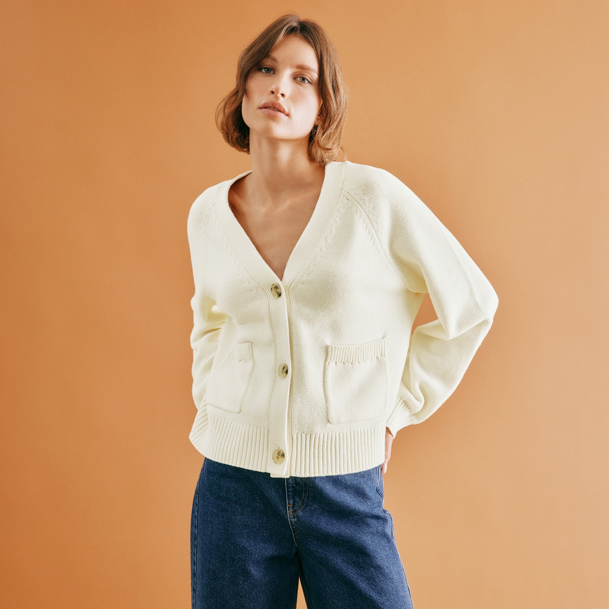 Cream Relaxed v Neck Cardigan