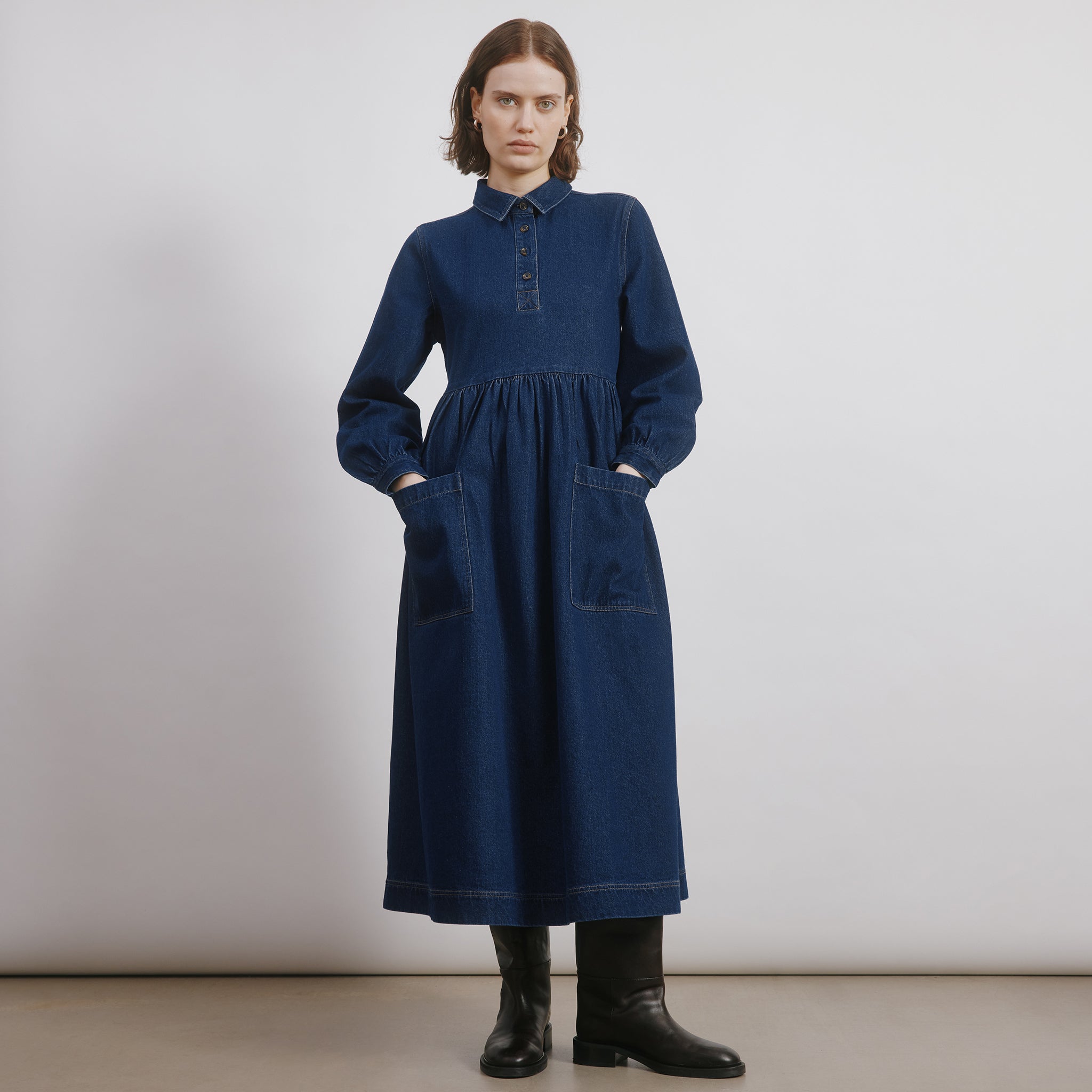 Denim Placket Midi Dress