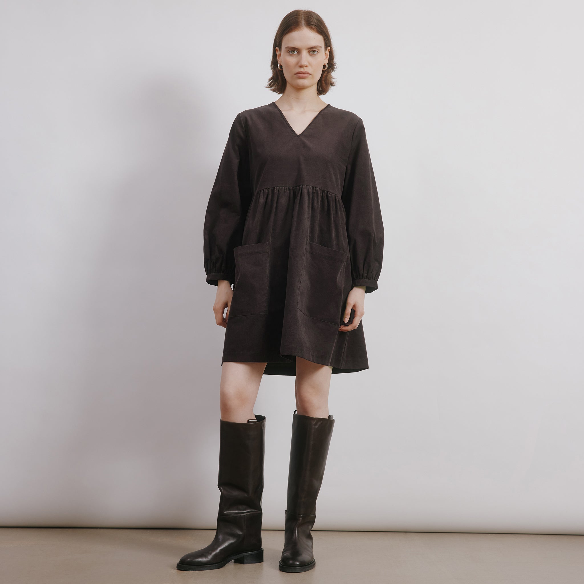 Brown Short Cord Pocket Dress