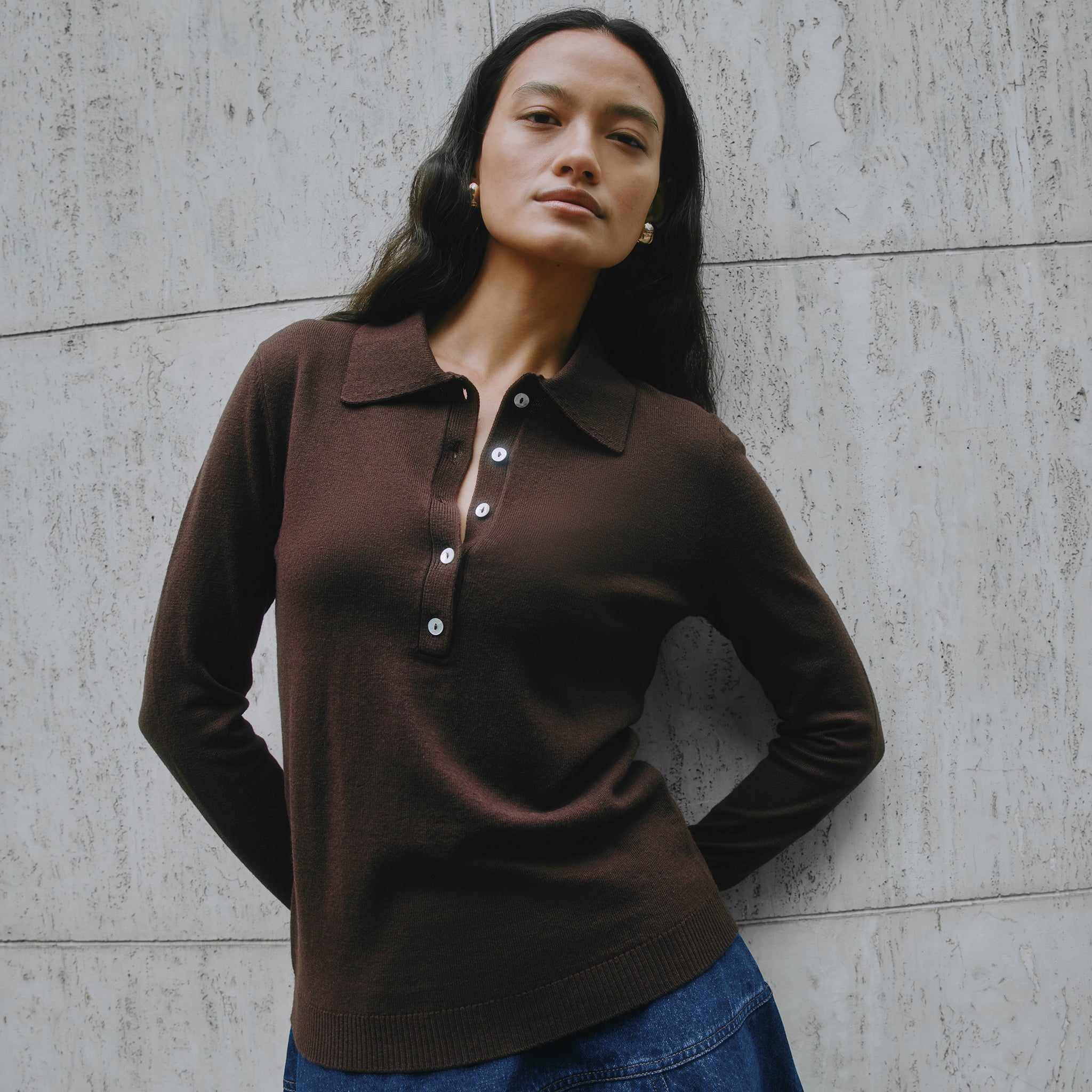 Chocolate Fine Knit Polo Top