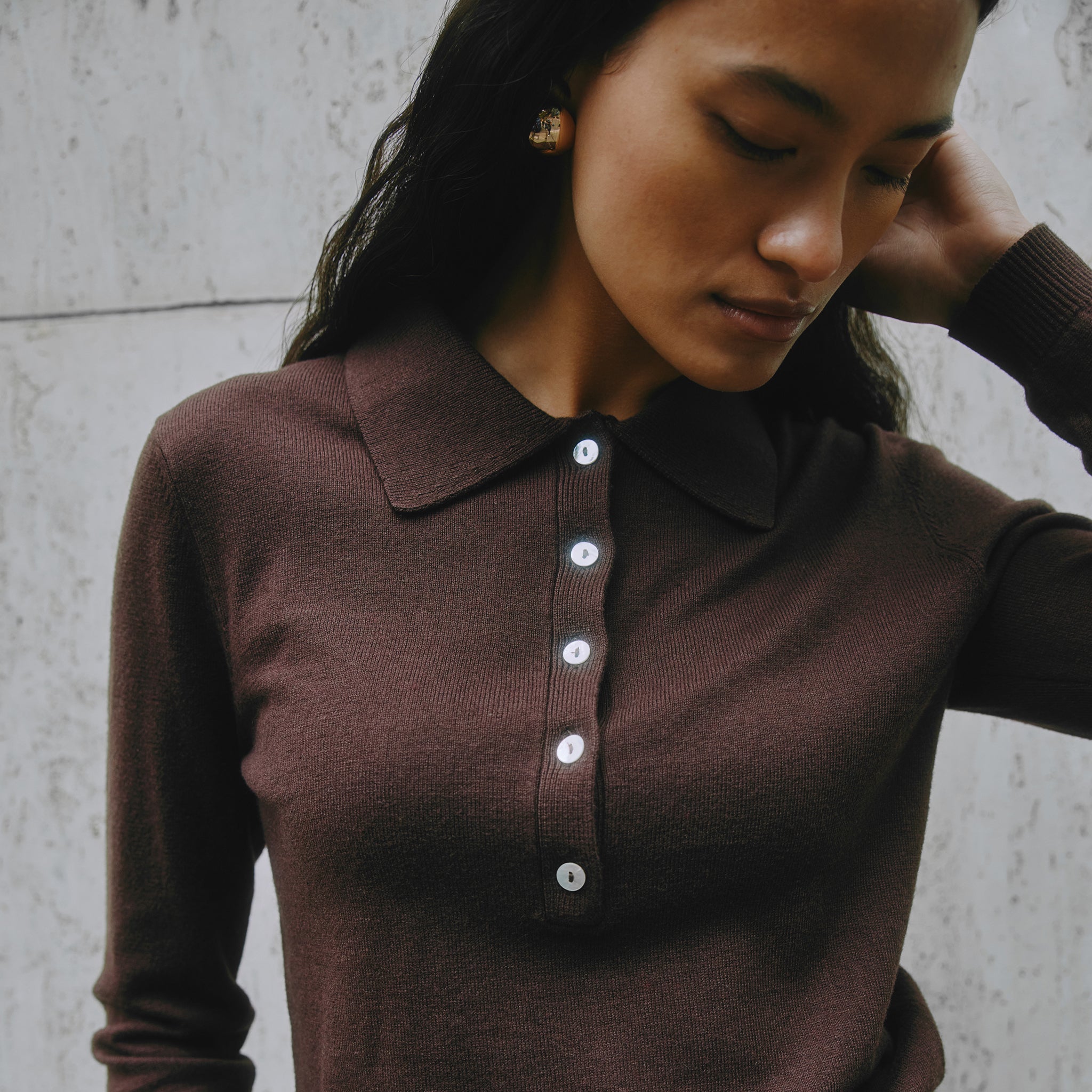 Chocolate Fine Knit Polo Top