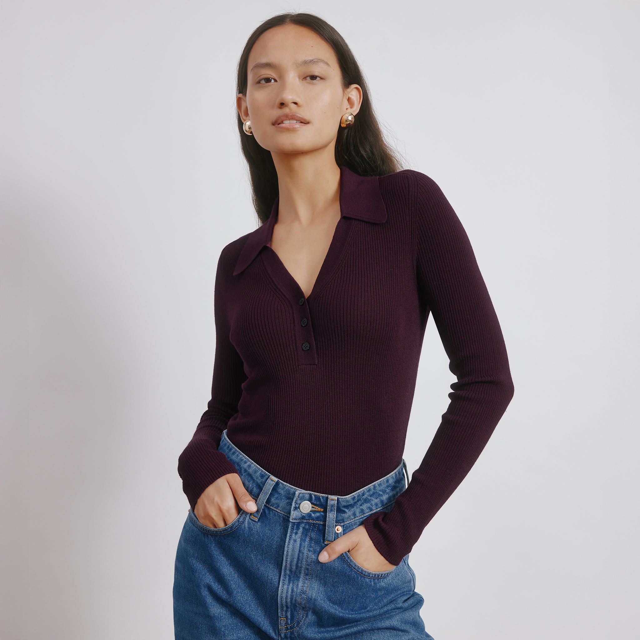 Burgundy Rib v Neck Button Top