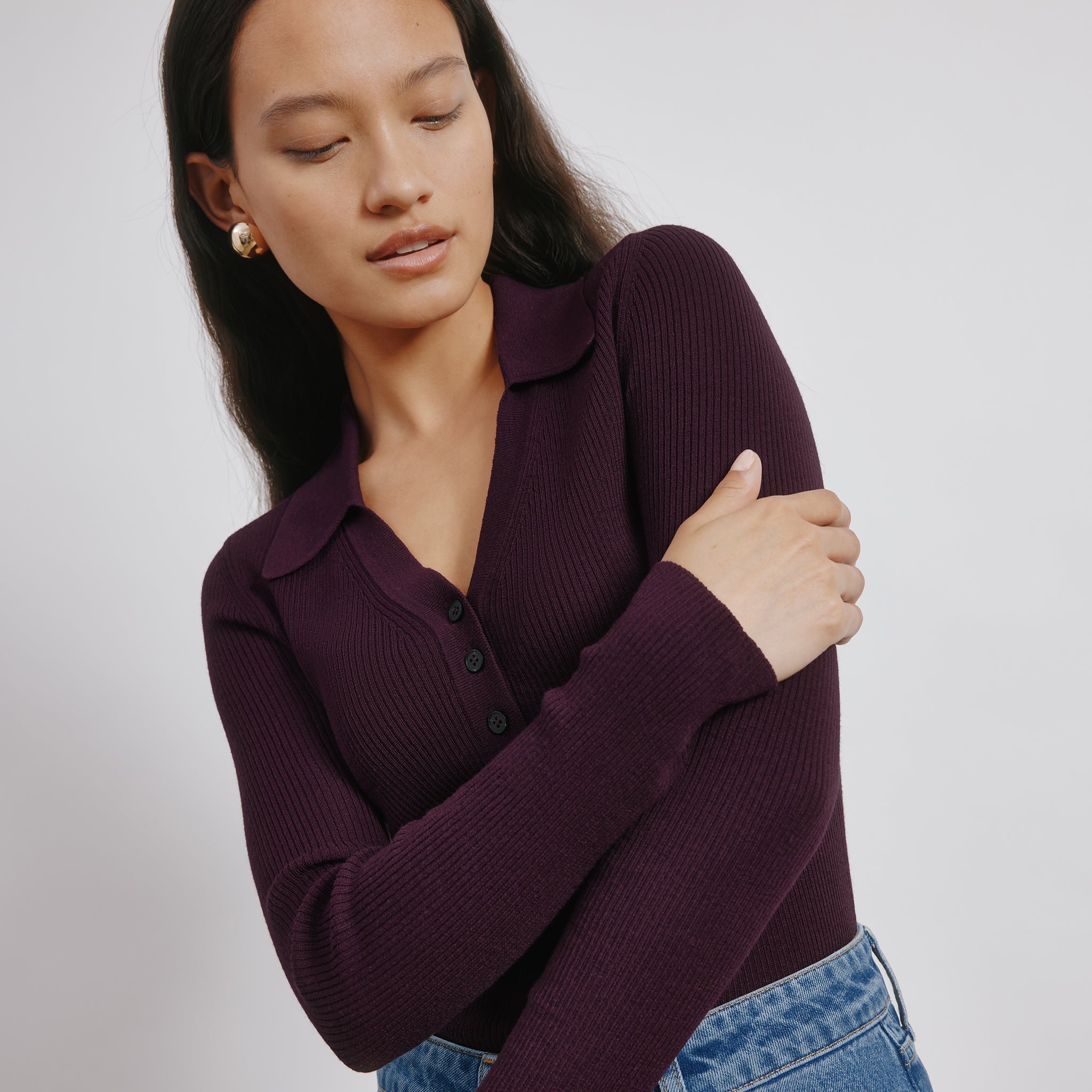 Burgundy Rib v Neck Button Top