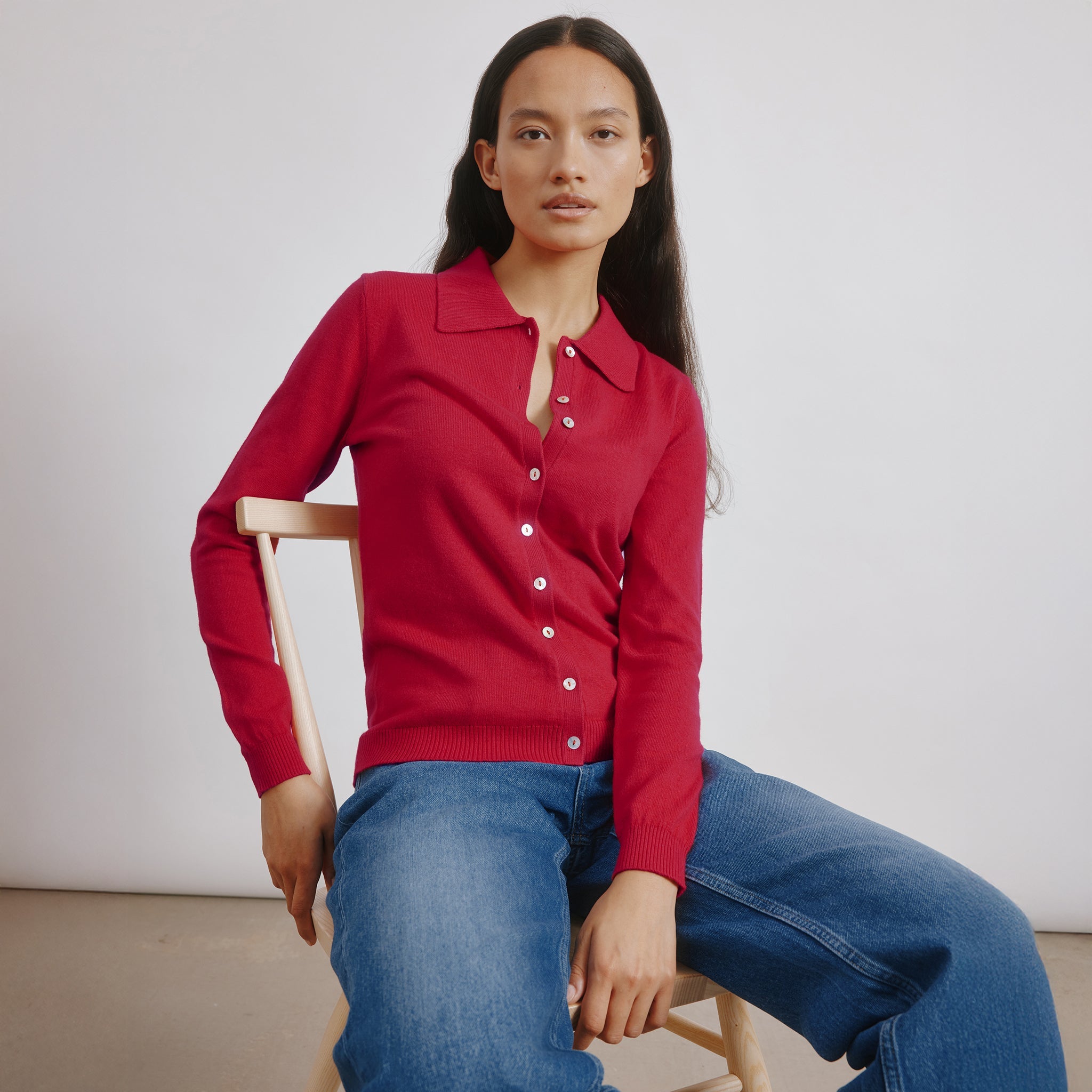 Red Fine Knit Polo Top