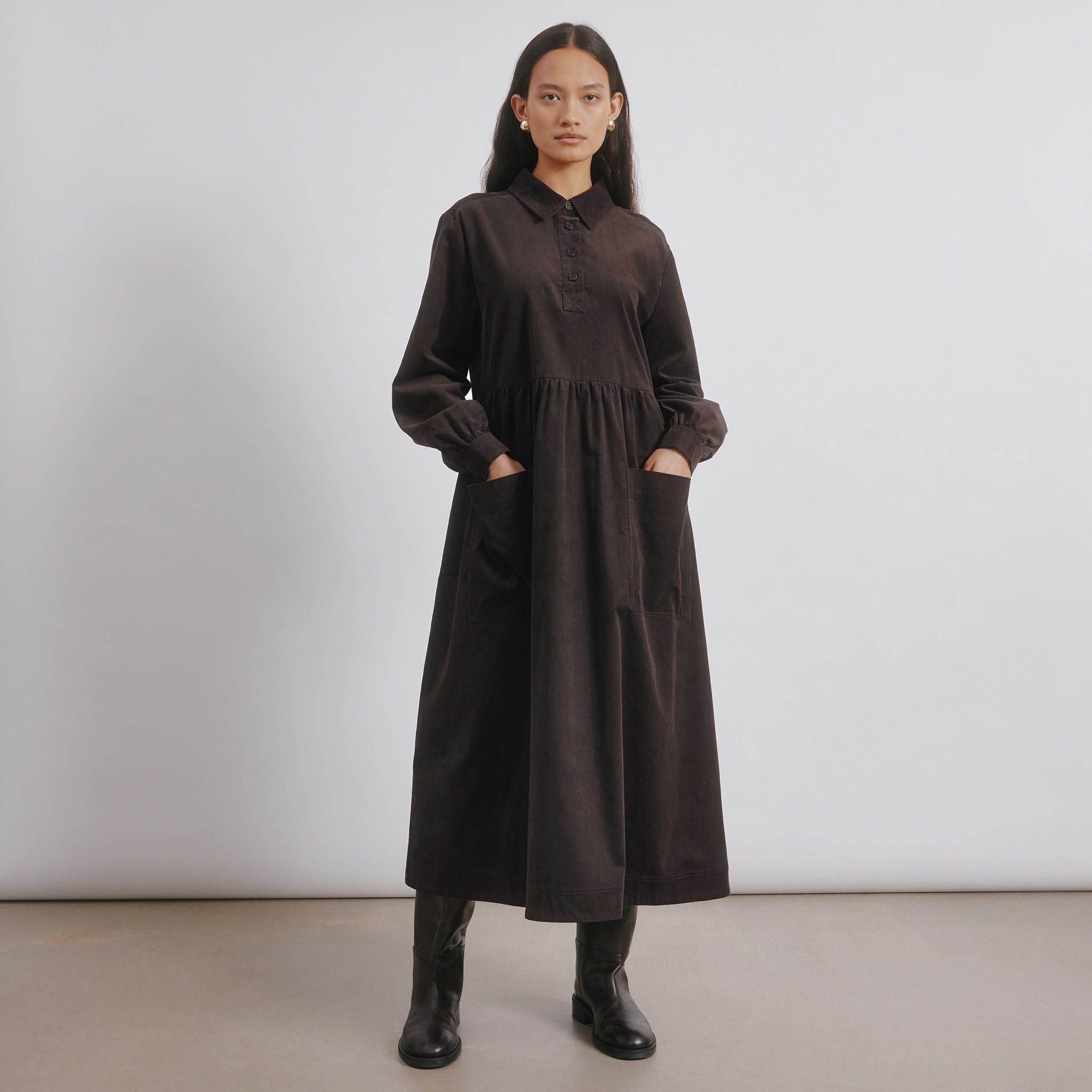 Brown Cord Placket Midi Dress