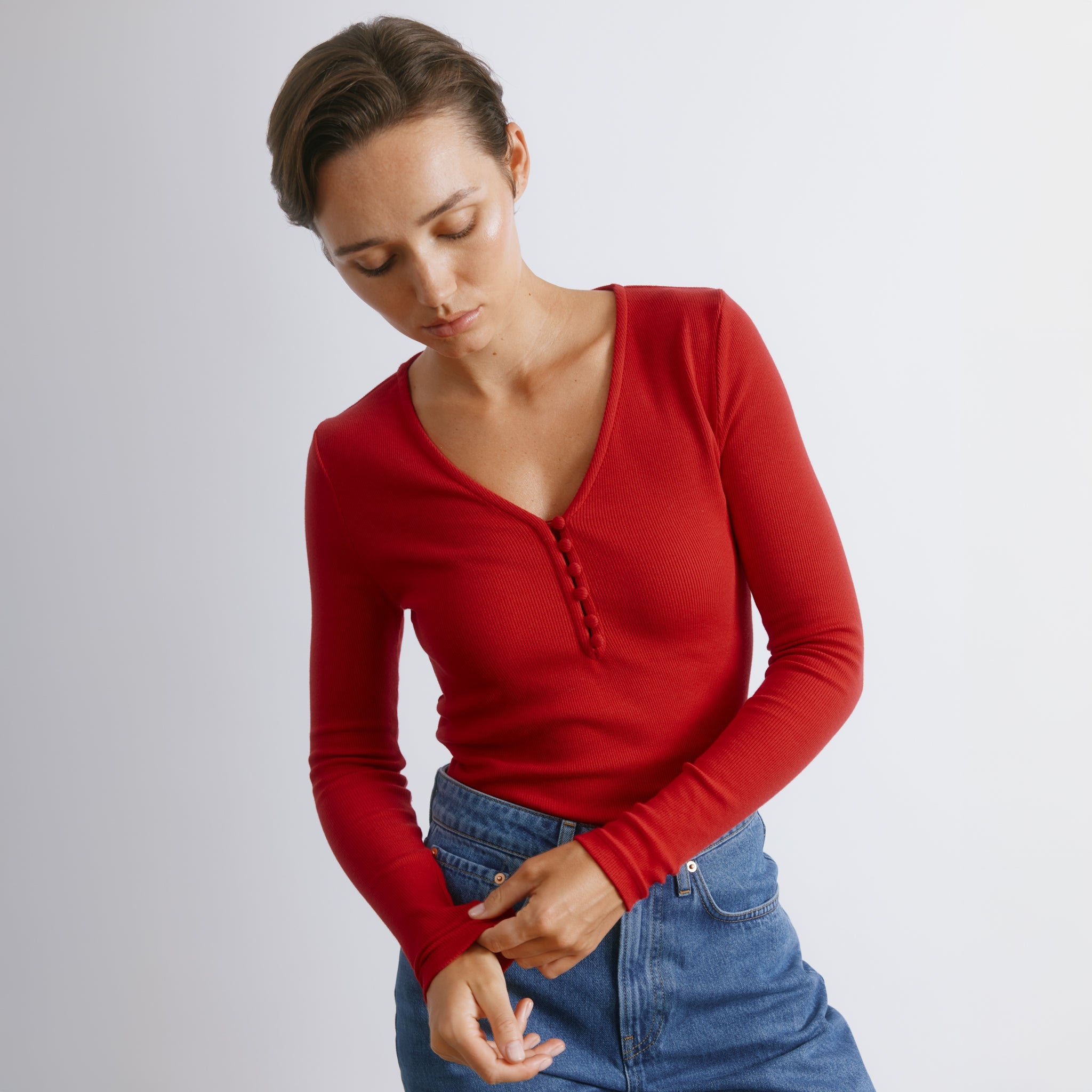 Red Rib Button Top