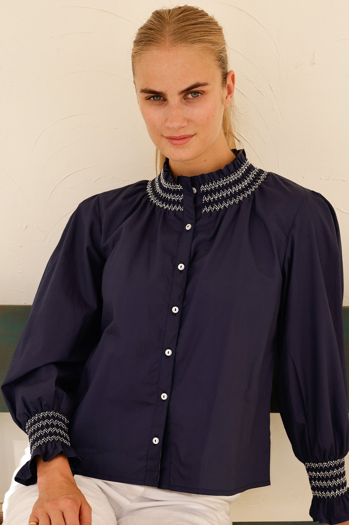 Embroidered Smocked Blouse | Navy/White