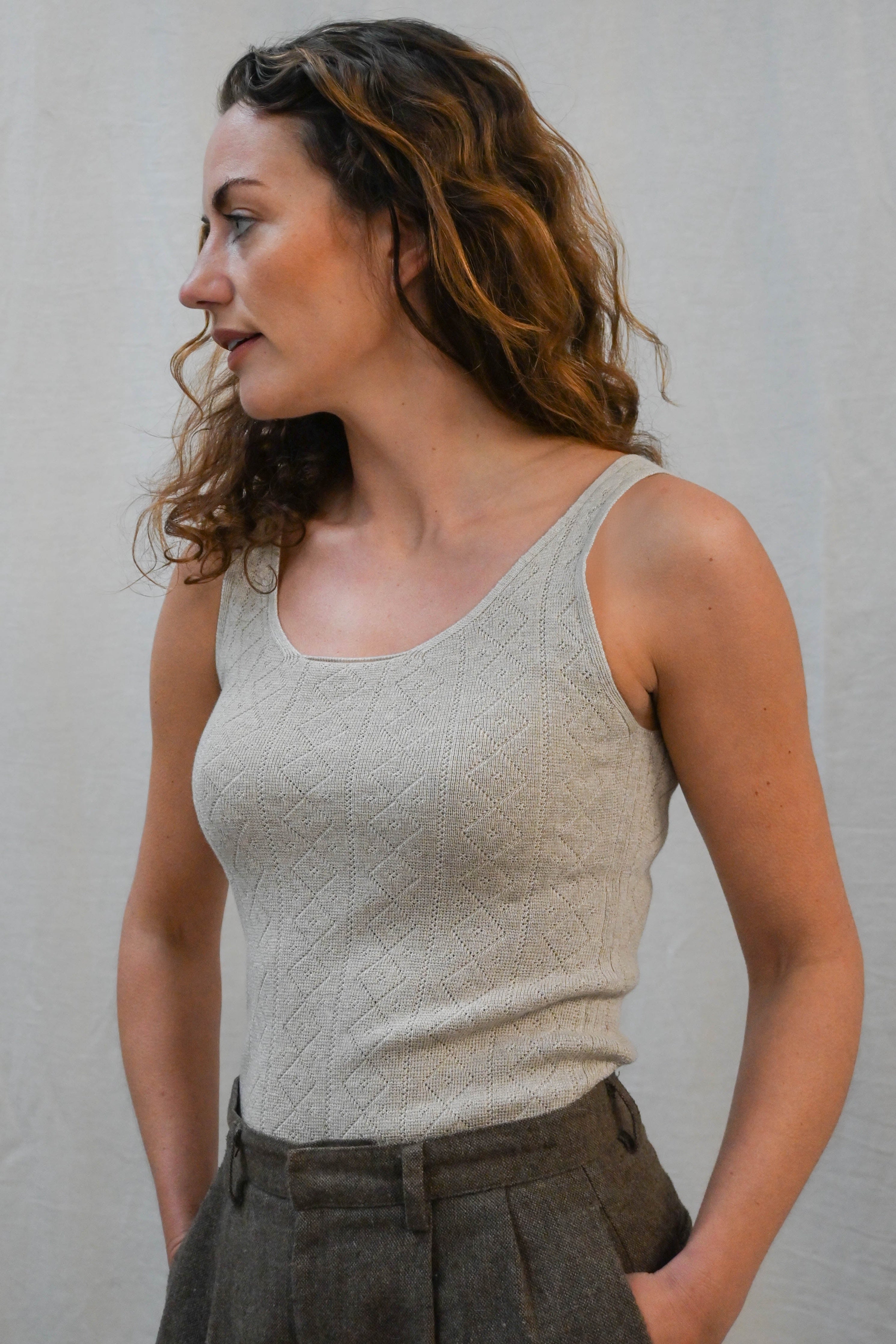 'Tricot De Peau' Fine Merino Camisole Top in Light Oatmeal