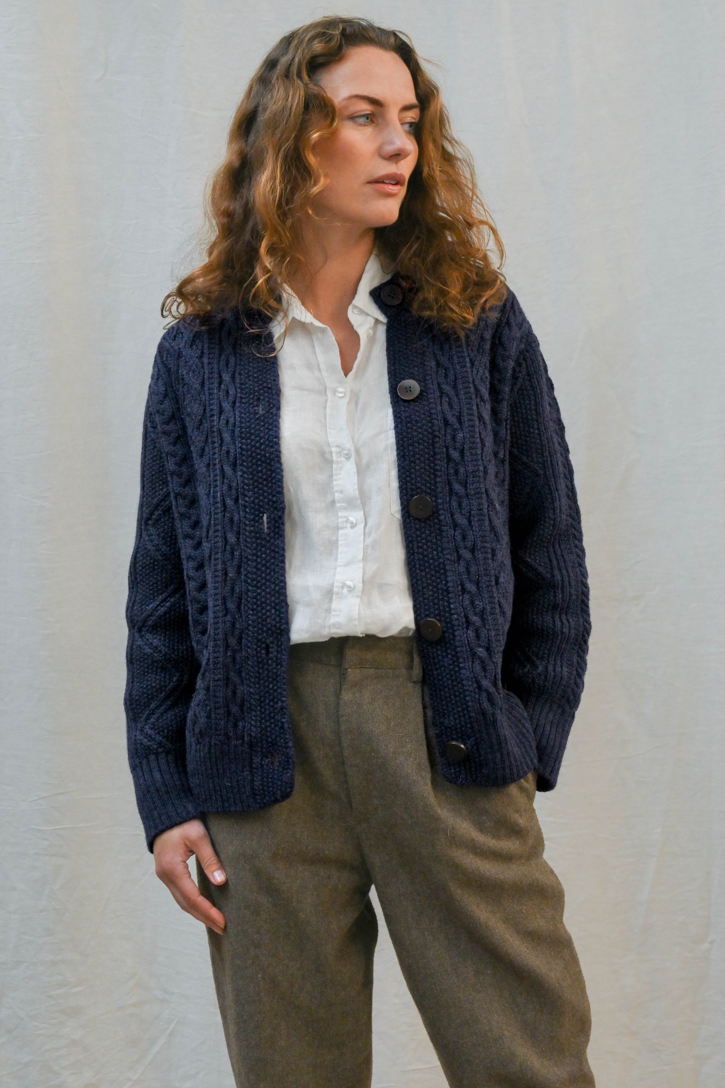 The Freyja British Wool Cable Cardigan in Navy
