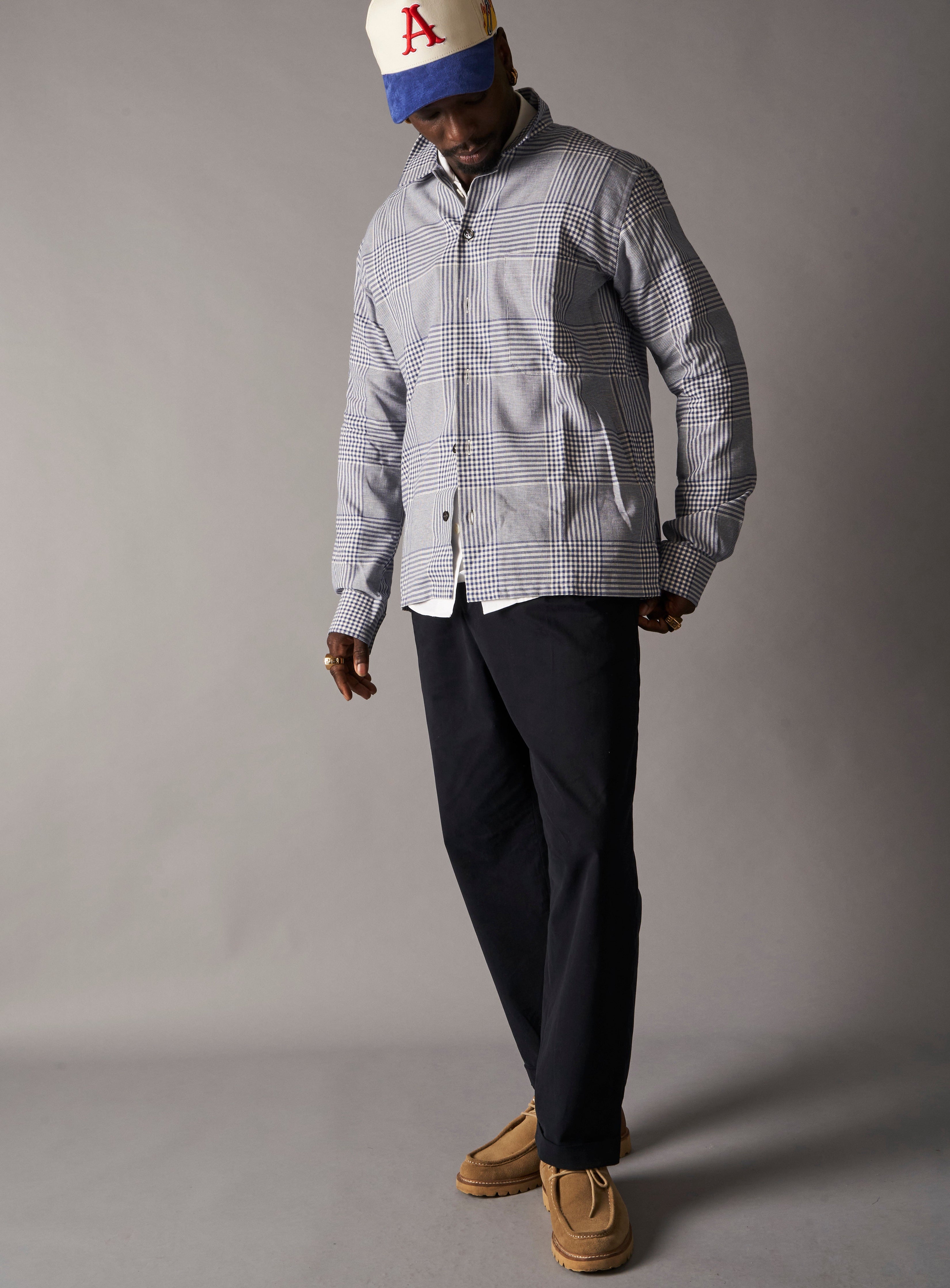 100% Recycled Cotton Navy Prince of Wales Spitalfields Overshirt