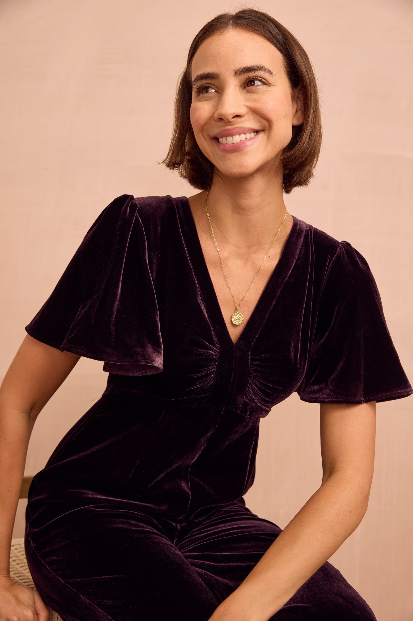 Anais Velvet V-Neck Jumpsuit | Aubergine