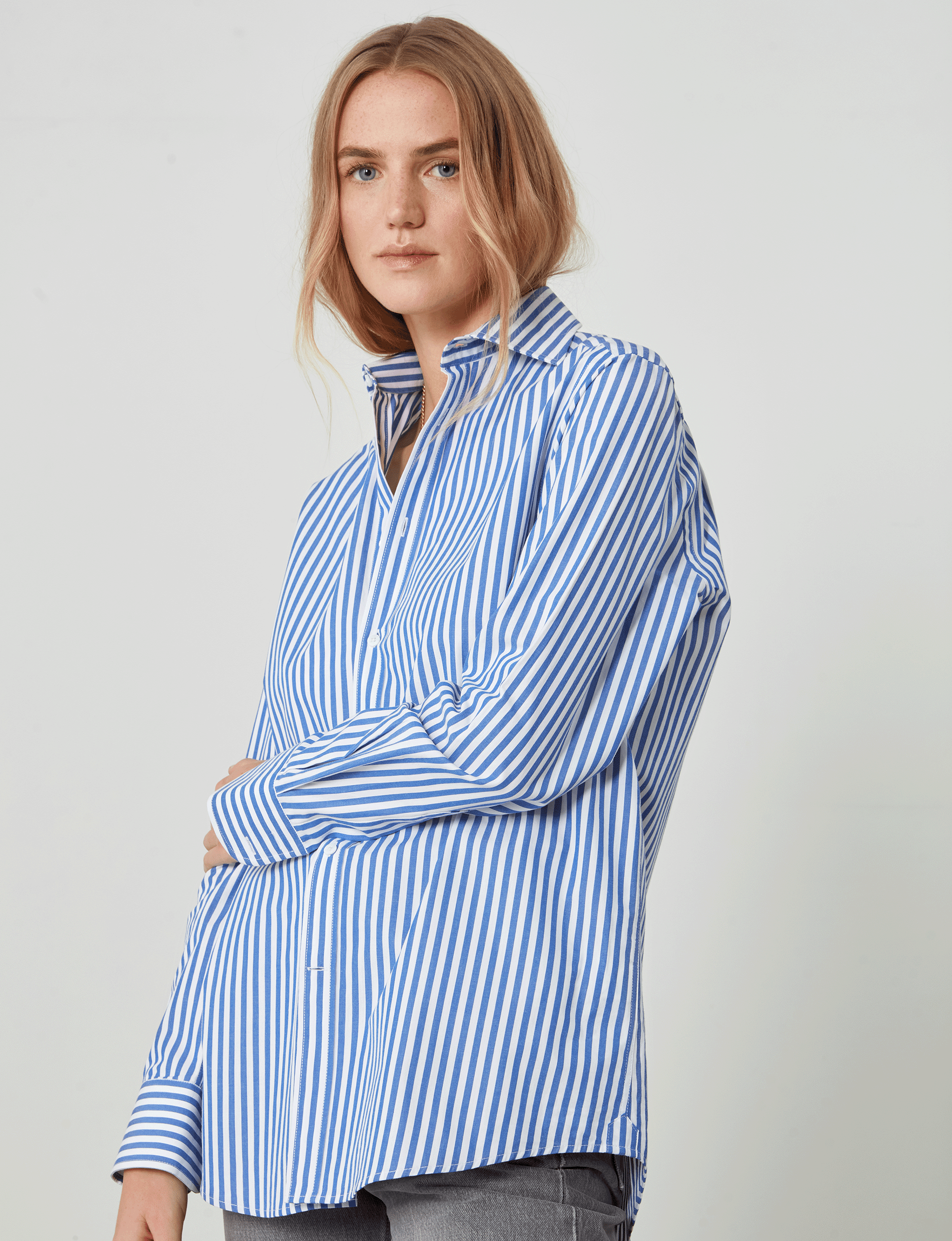 The Boyfriend: Fine Poplin, Royal Blue Stripe