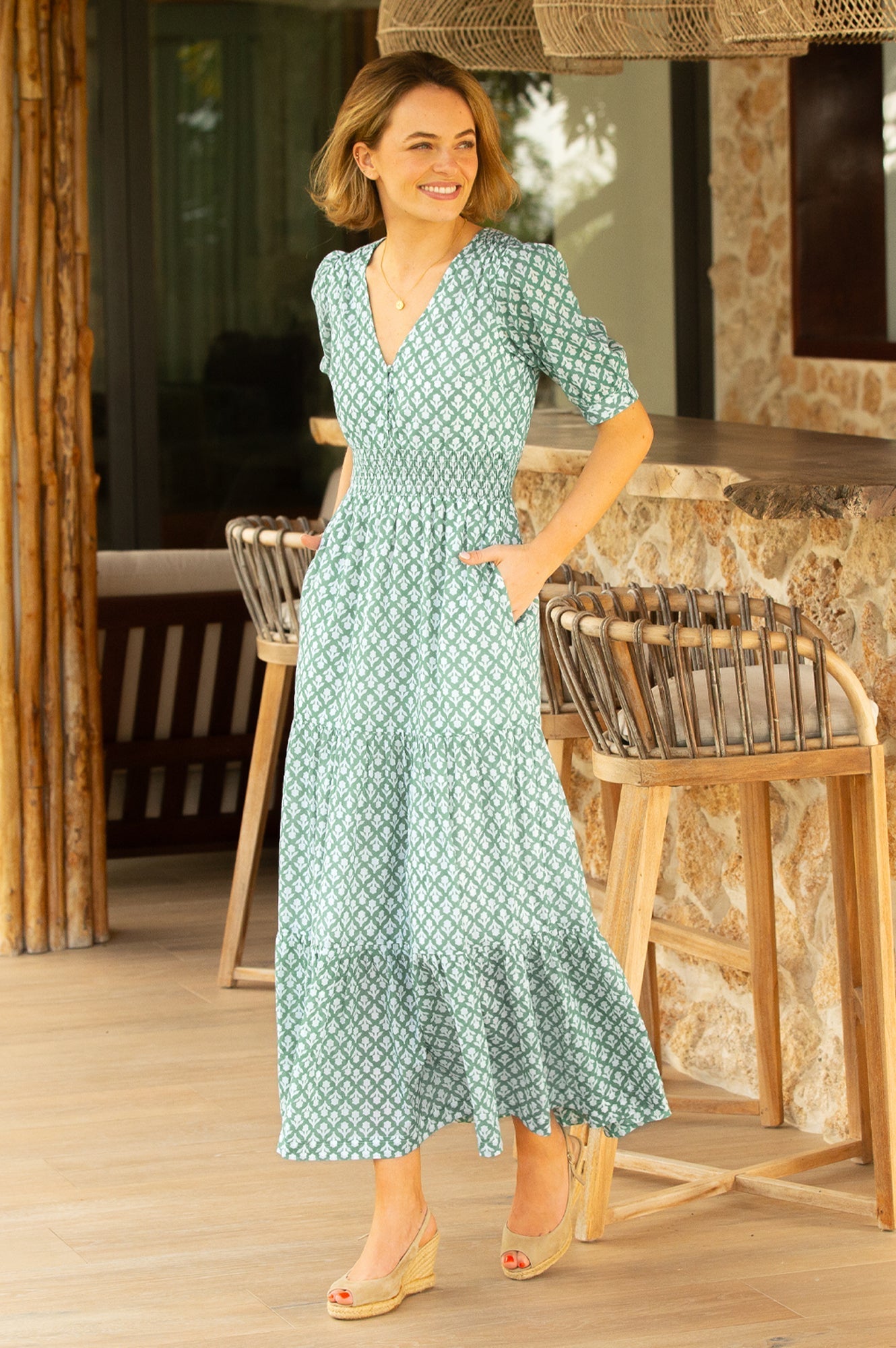 Billie Short Sleeve Organic Cotton Dress | Flower Stamp Sage/White