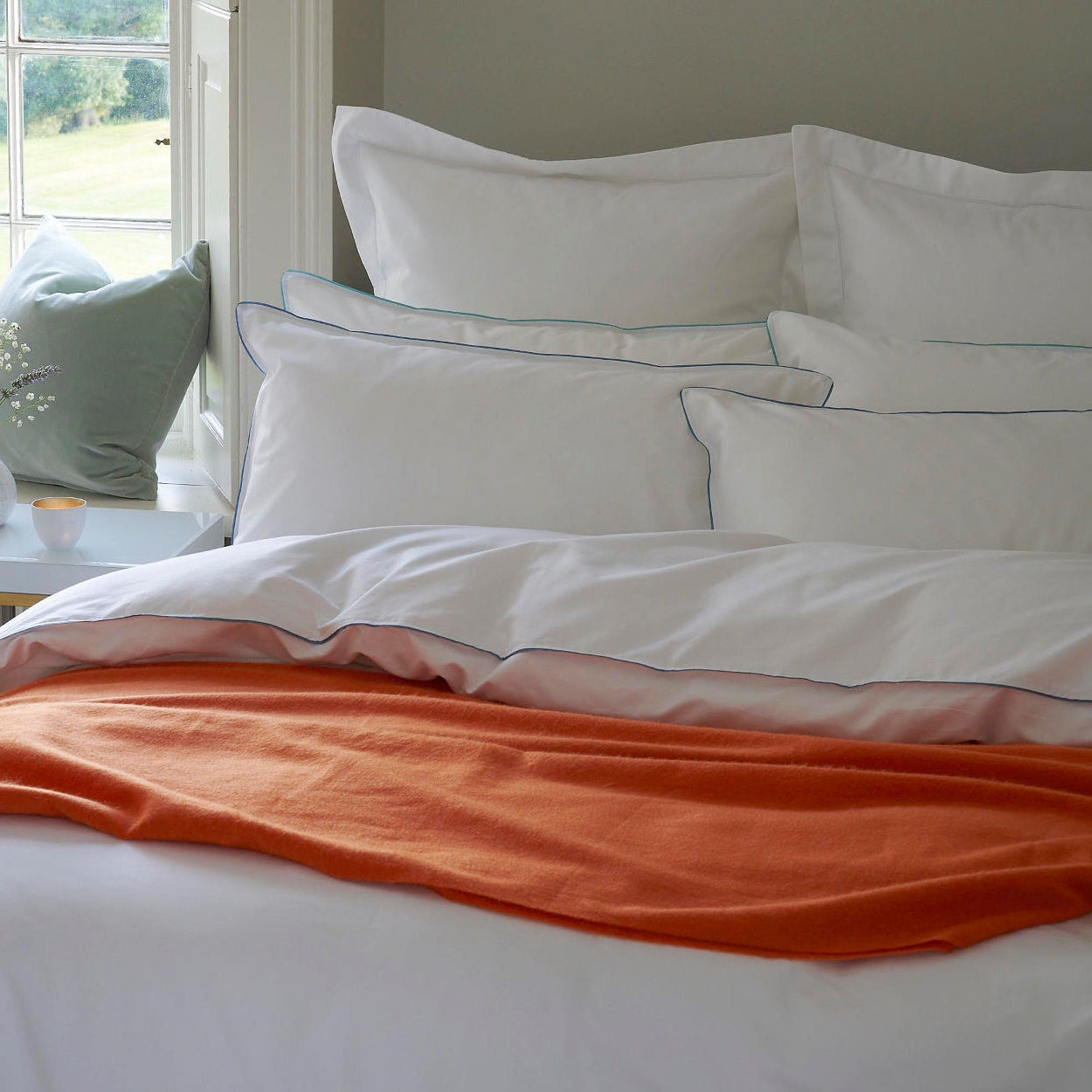 Set of 2 - Island Collection Signature Style Pillowcase - White With Boston Blue Trim