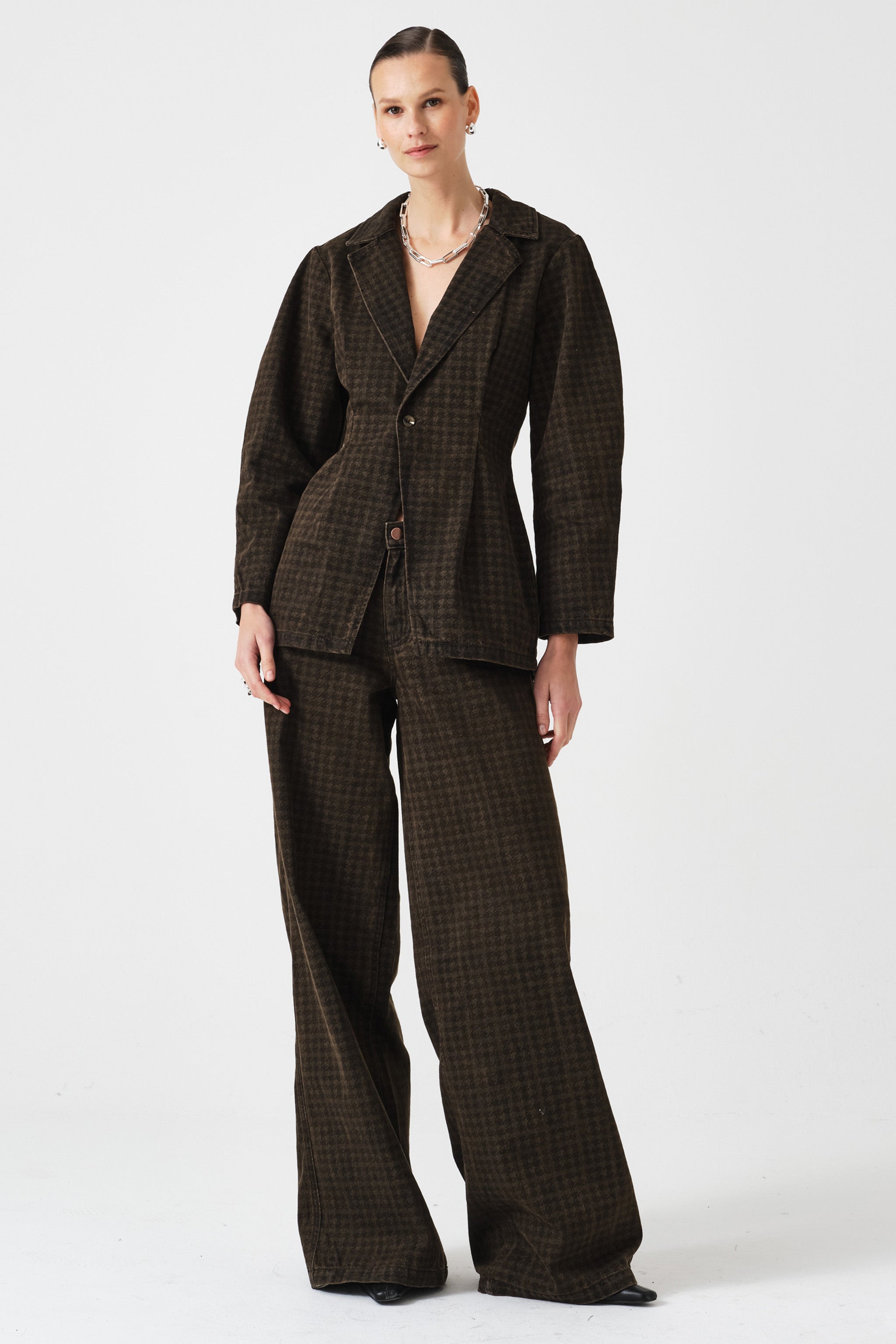 Bette Tailored Denim Jacket in Houndstooth Cacao