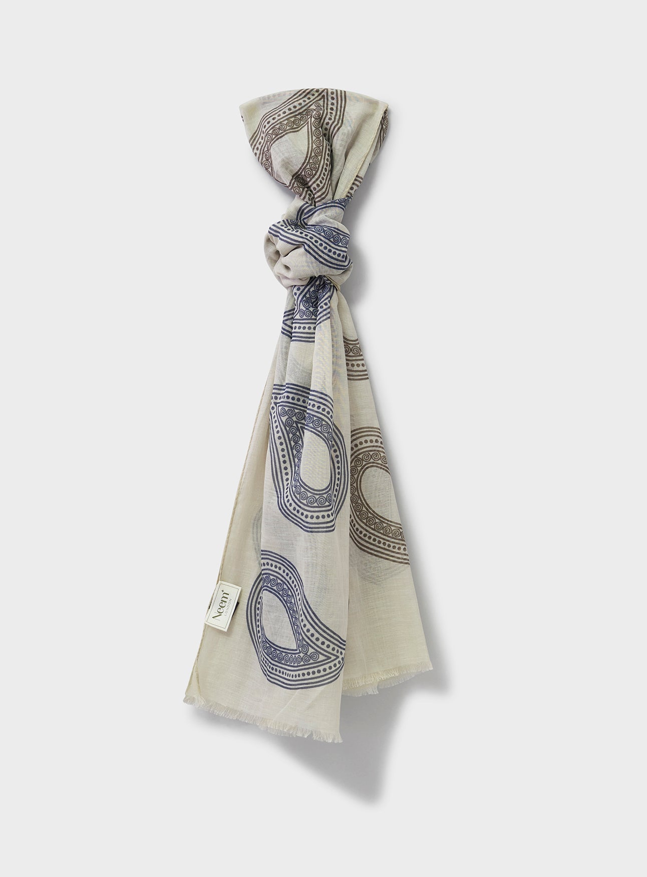 Cotton & Cashmere Wool Cream and Navy Paisley Neck Scarf