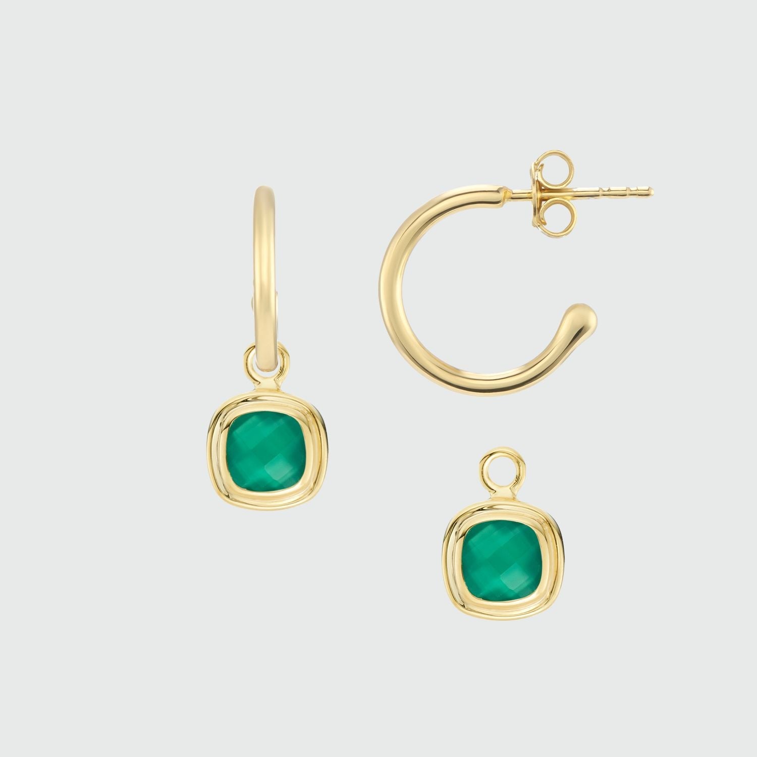 California Cushion Green Onyx and Gold Interchangeable Hoop Earrings