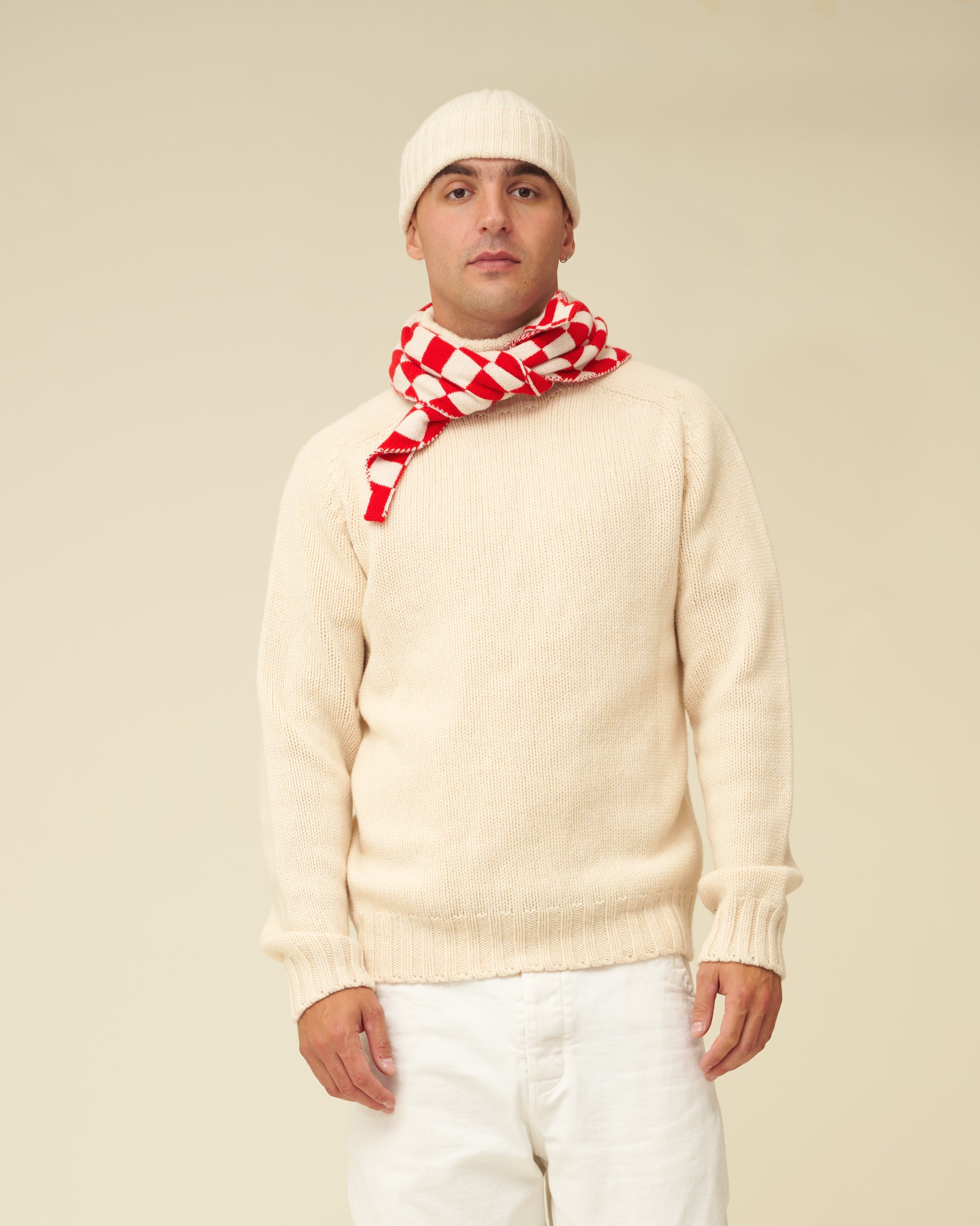 Checkerboard Merino Lambswool Neckerchief - Poppy Red & Ecru (Knitted-to-Order)
