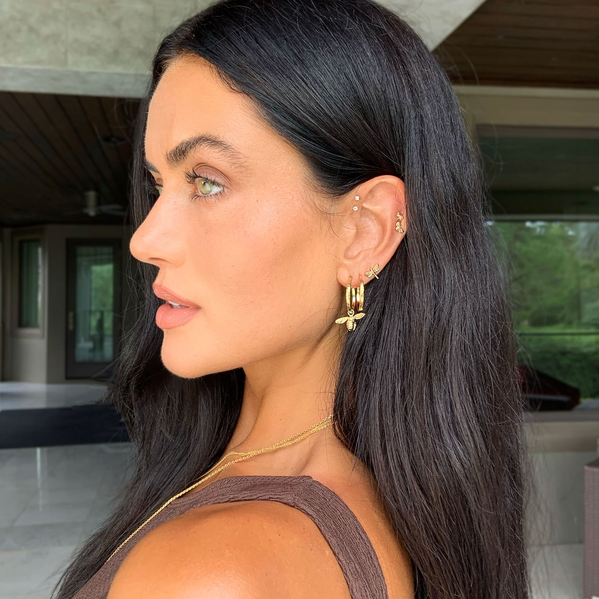 Gold Little Bee Hammered Hoop Earrings