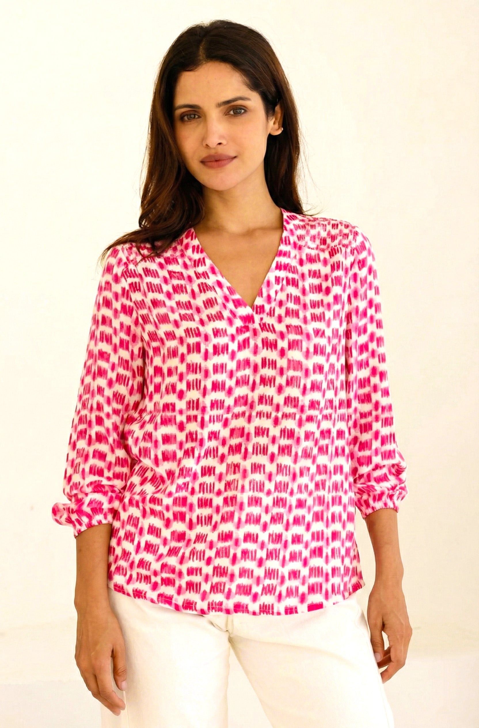 Clea Viscose Crinkle Blouse | Ikat White/Pink
