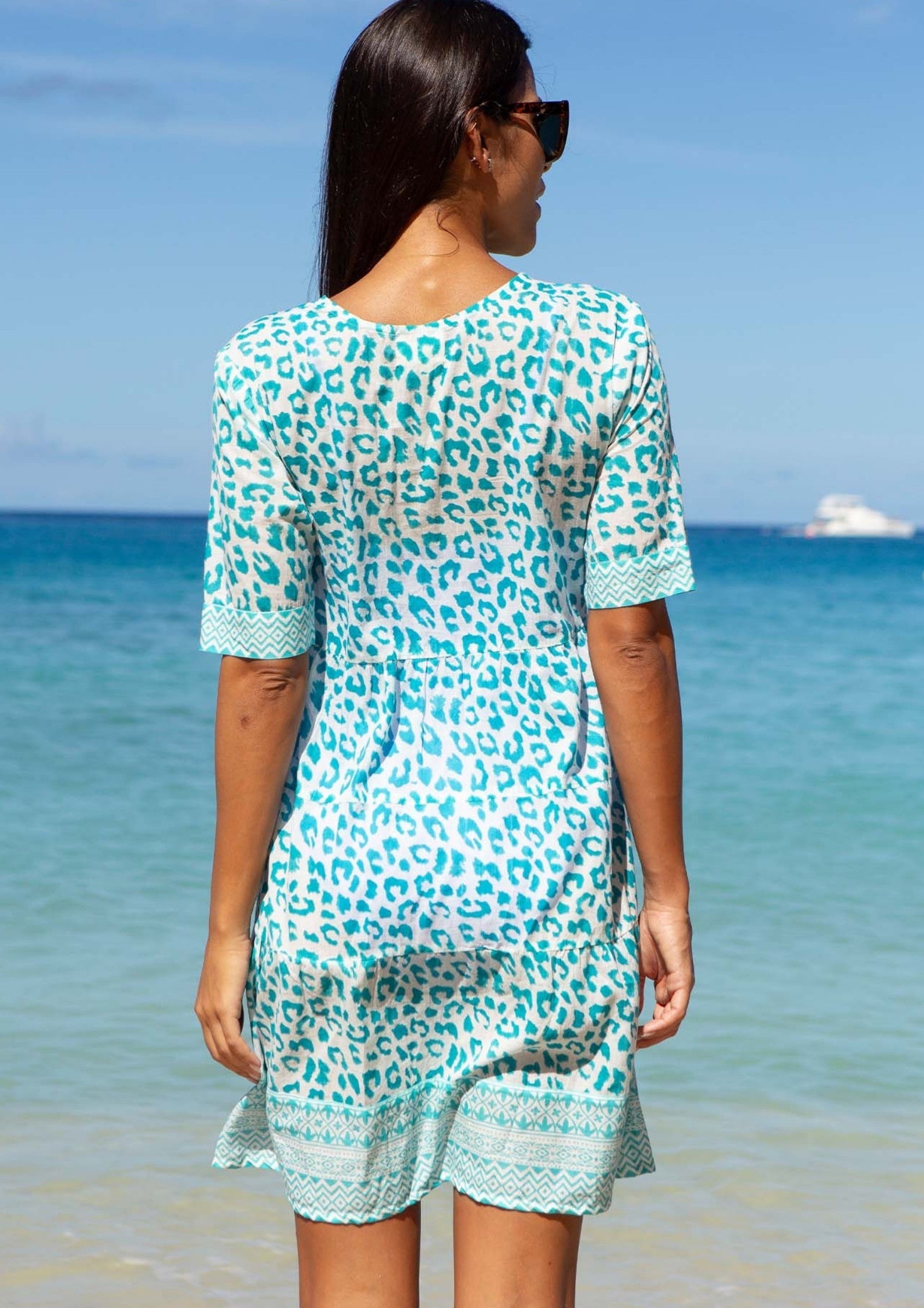 Santorini Kaftan | Soft Cheetah White/Turquoise