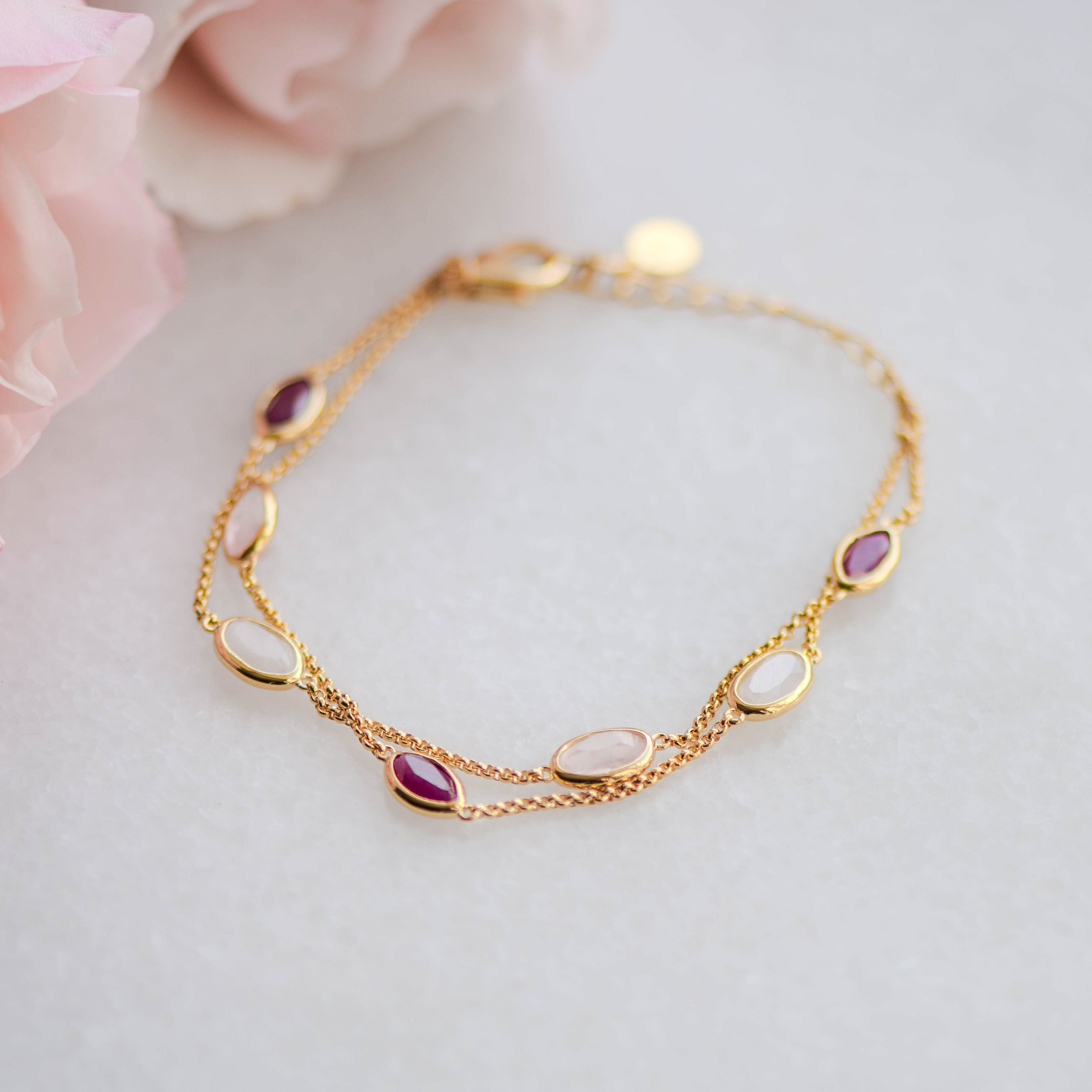 Lola Bracelet in Gold With Ruby, Rose Quartz and Rainbow Moonstone