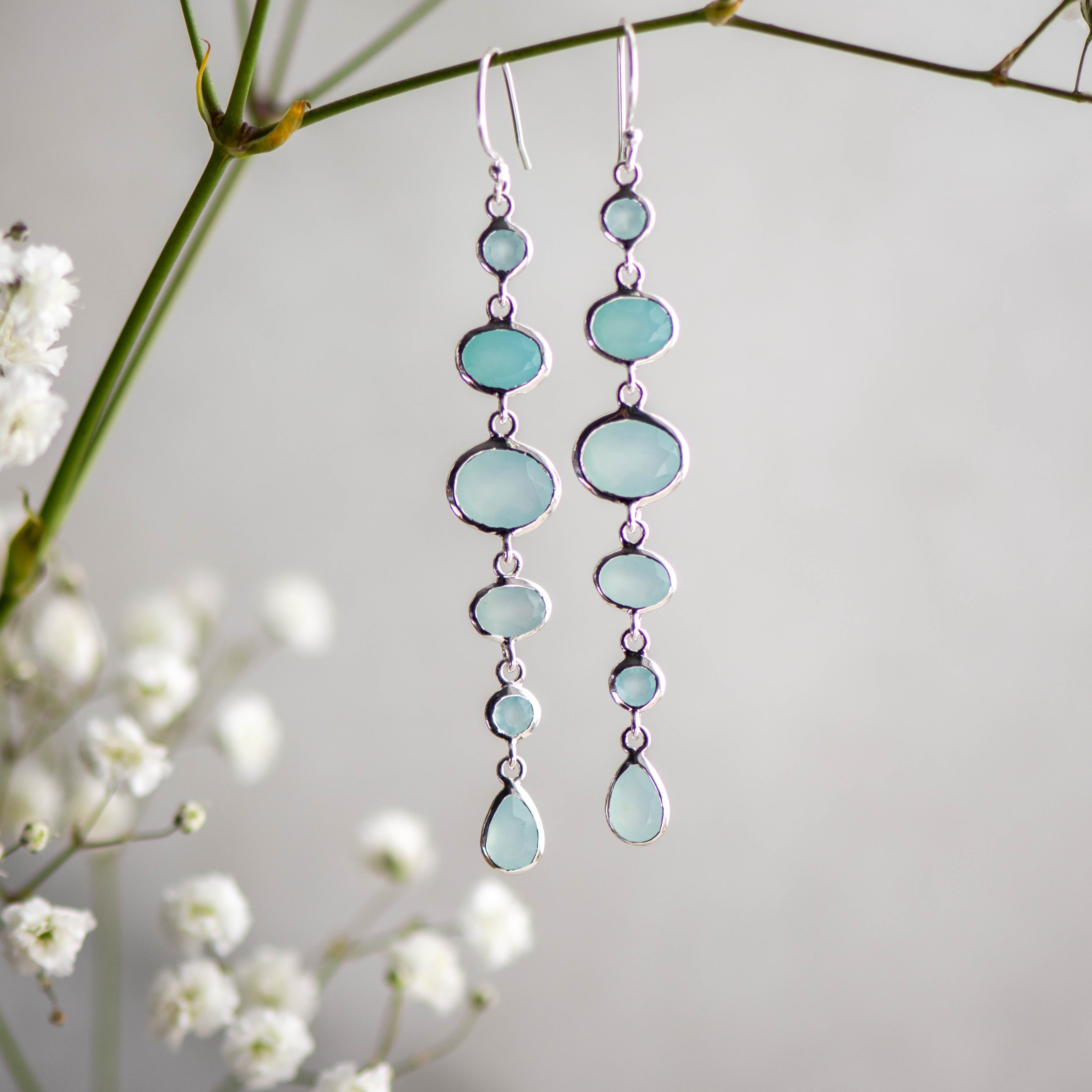 Cascade Earrings in Silver With Aqua Chalcedony
