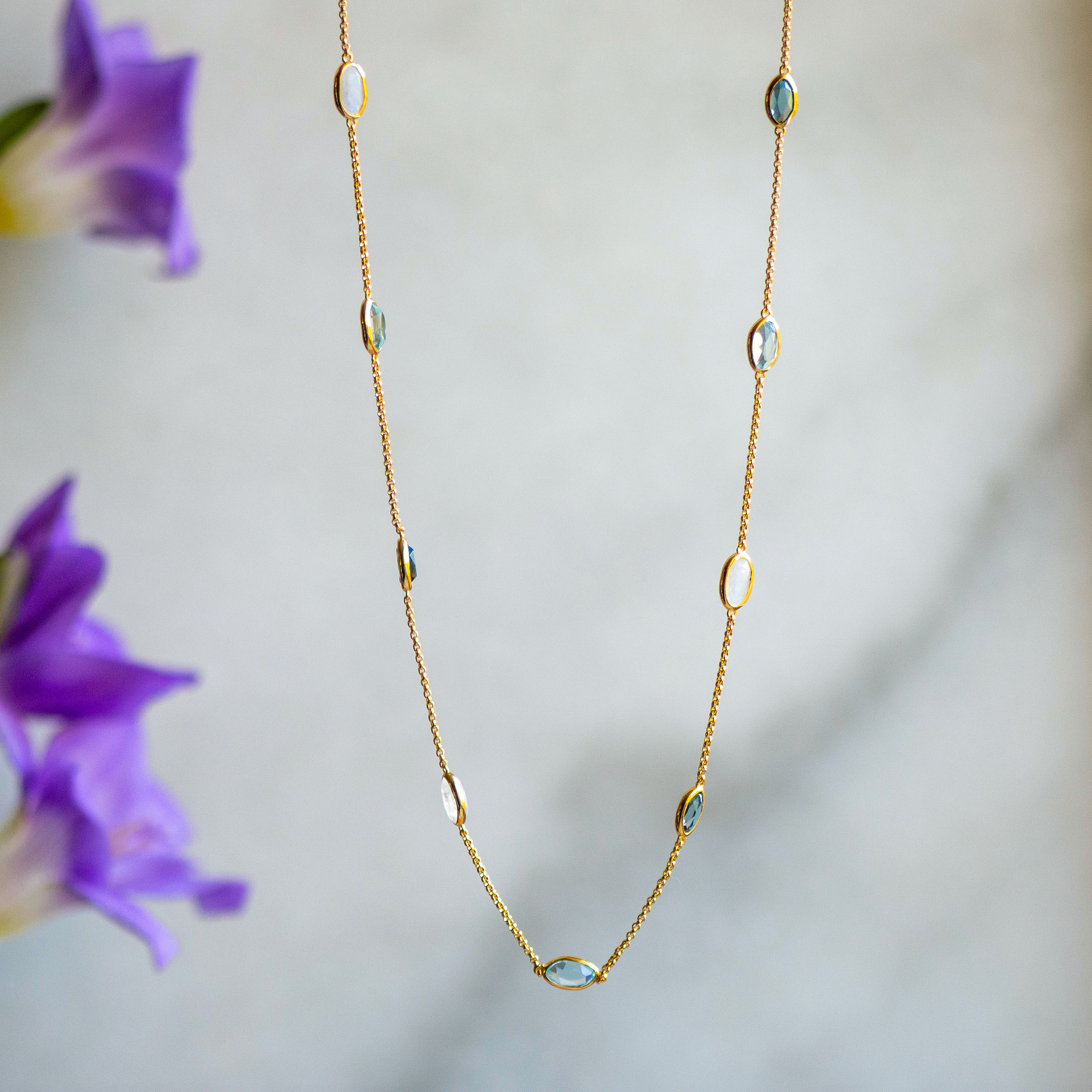 Lola Necklace in Gold With London Blue Topaz, Sky Blue Topaz and Rainbow Moonstone