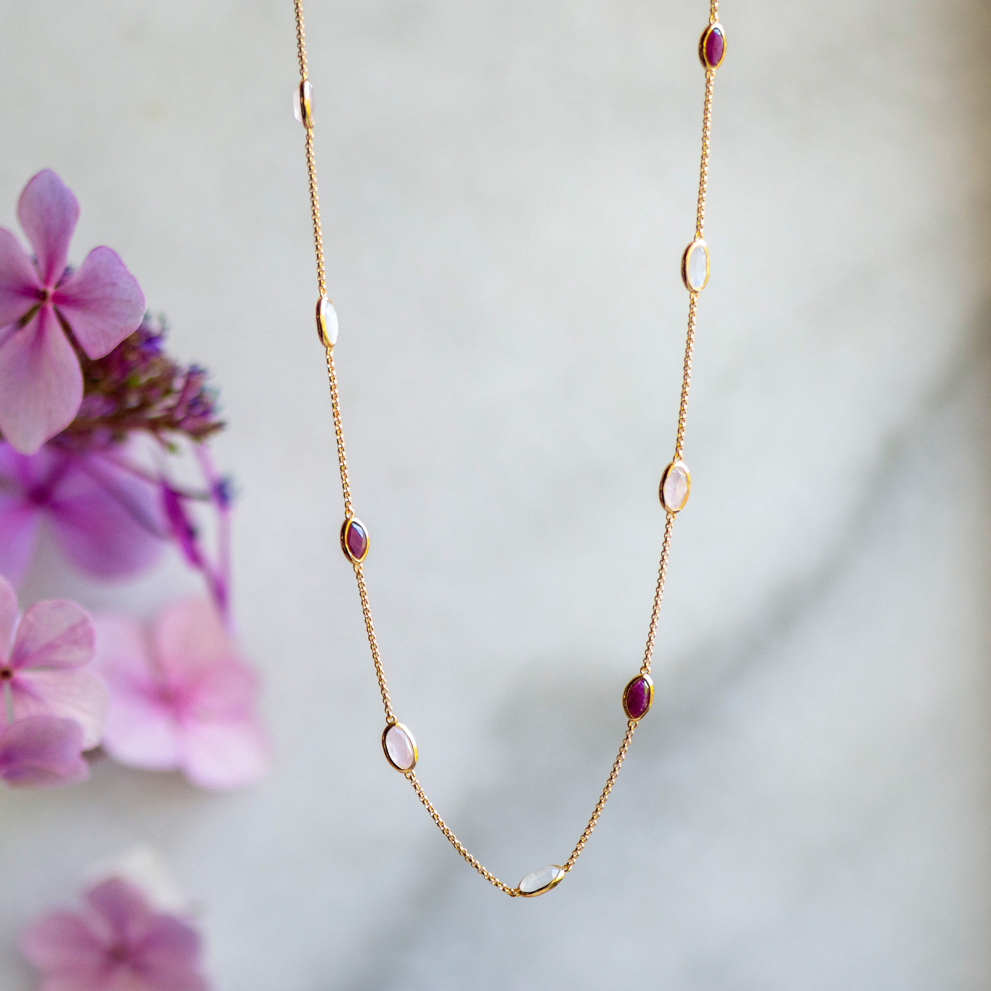 Lola Necklace in Gold With Ruby, Rose Quartz and Rainbow Moonstone