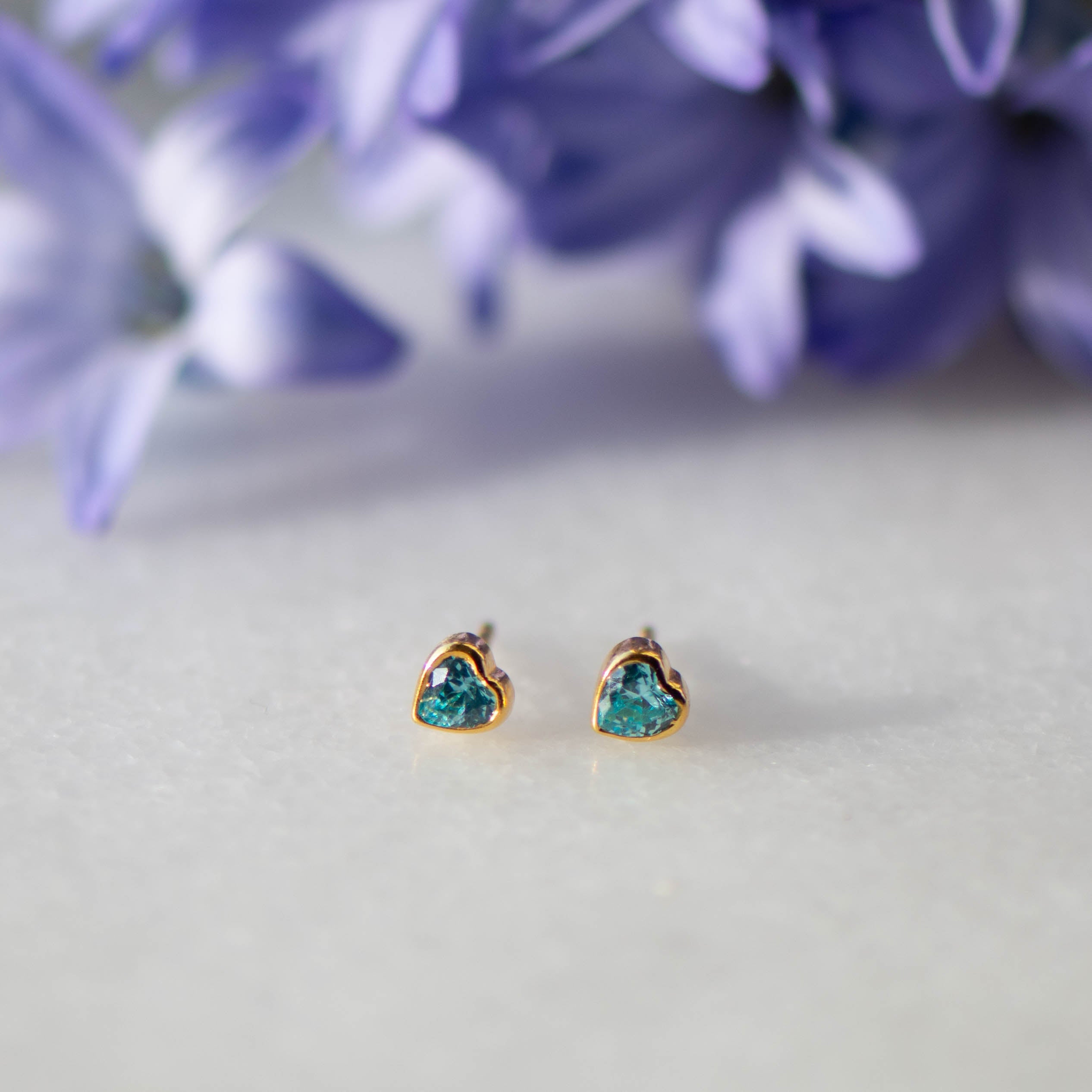 Love Heart Studs in Gold with Swiss Blue Topaz